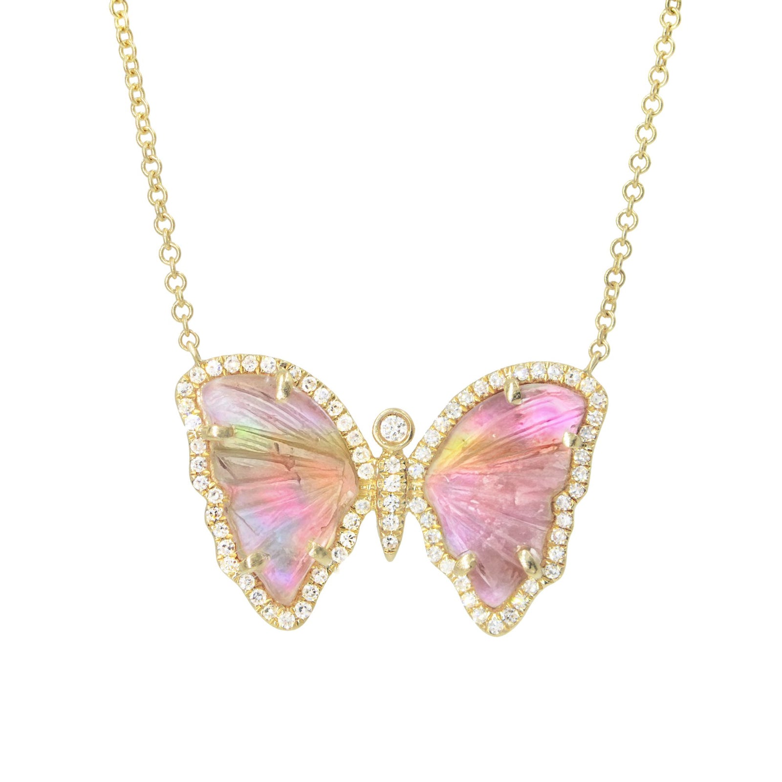 Mini Pink Green and Mauve Tourmaline Butterfly Necklace with Diamonds