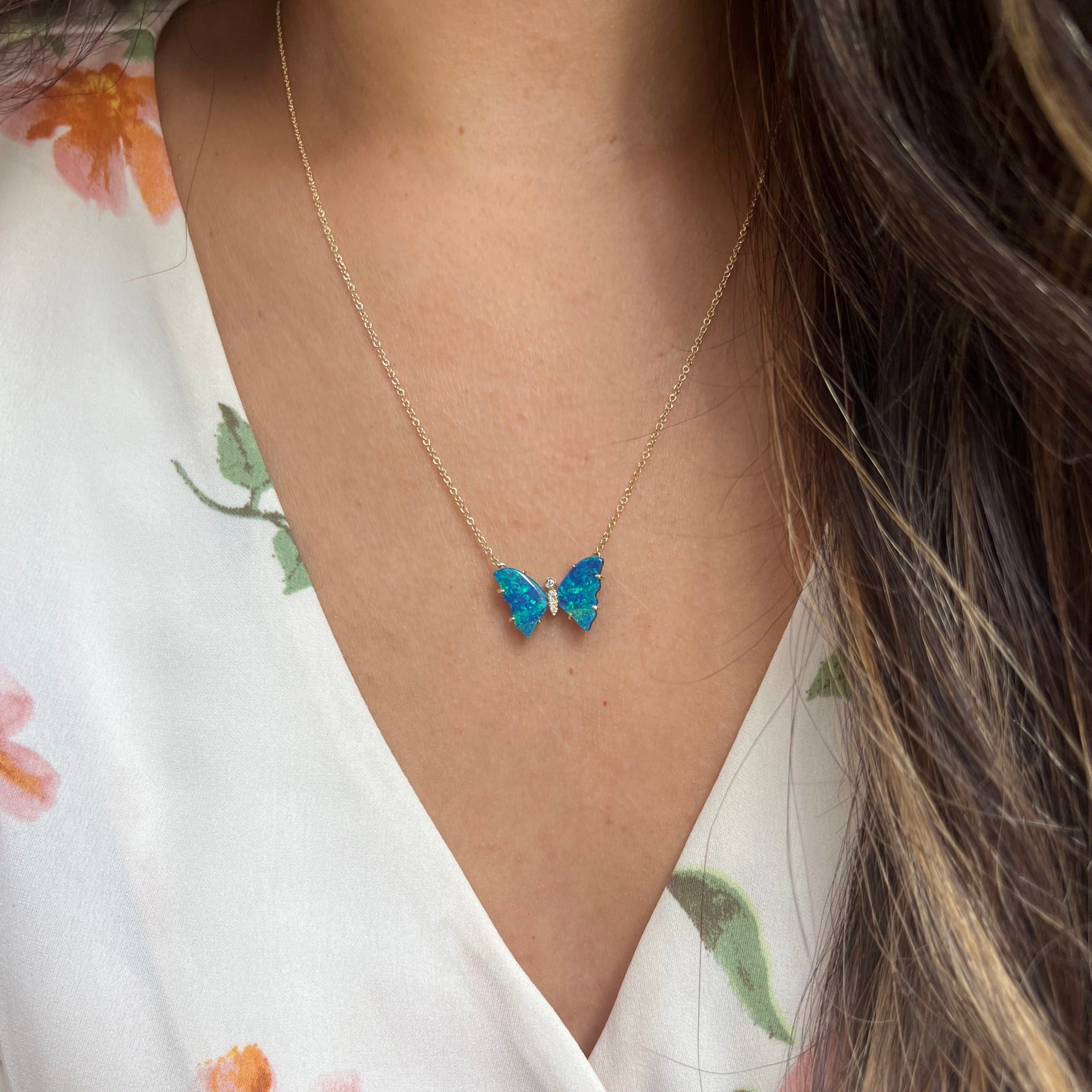 Mini pronged butterfly necklace boulder opal blue ocean