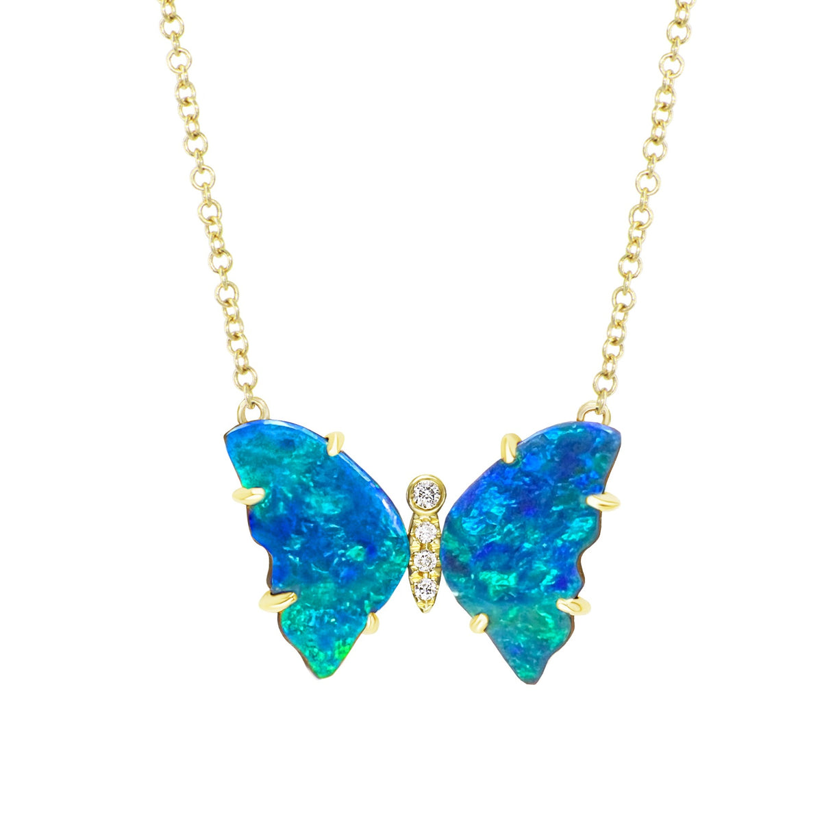 Mini pronged butterfly necklace boulder opal blue ocean