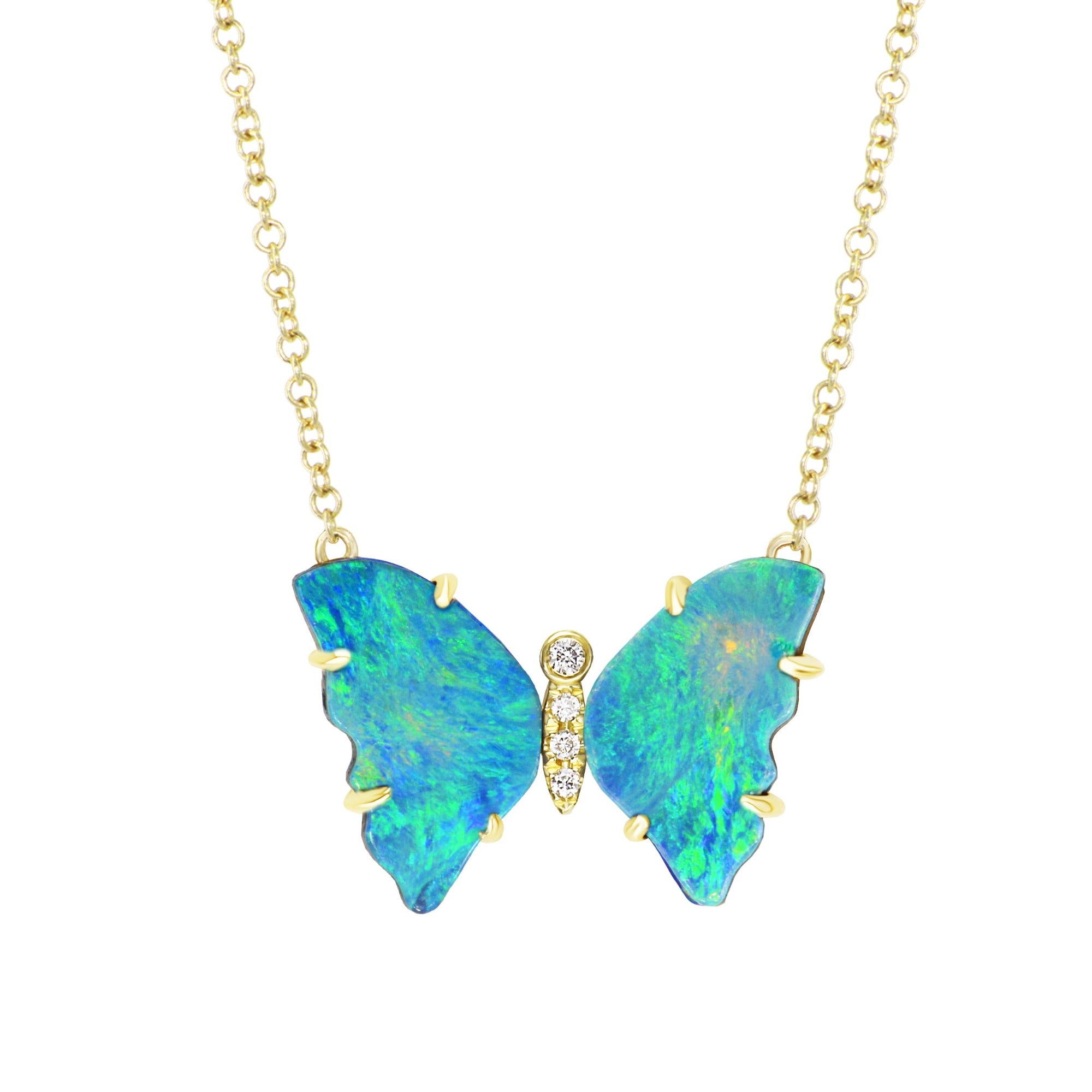 Mini pronged butterfly necklace boulder opal rainbow