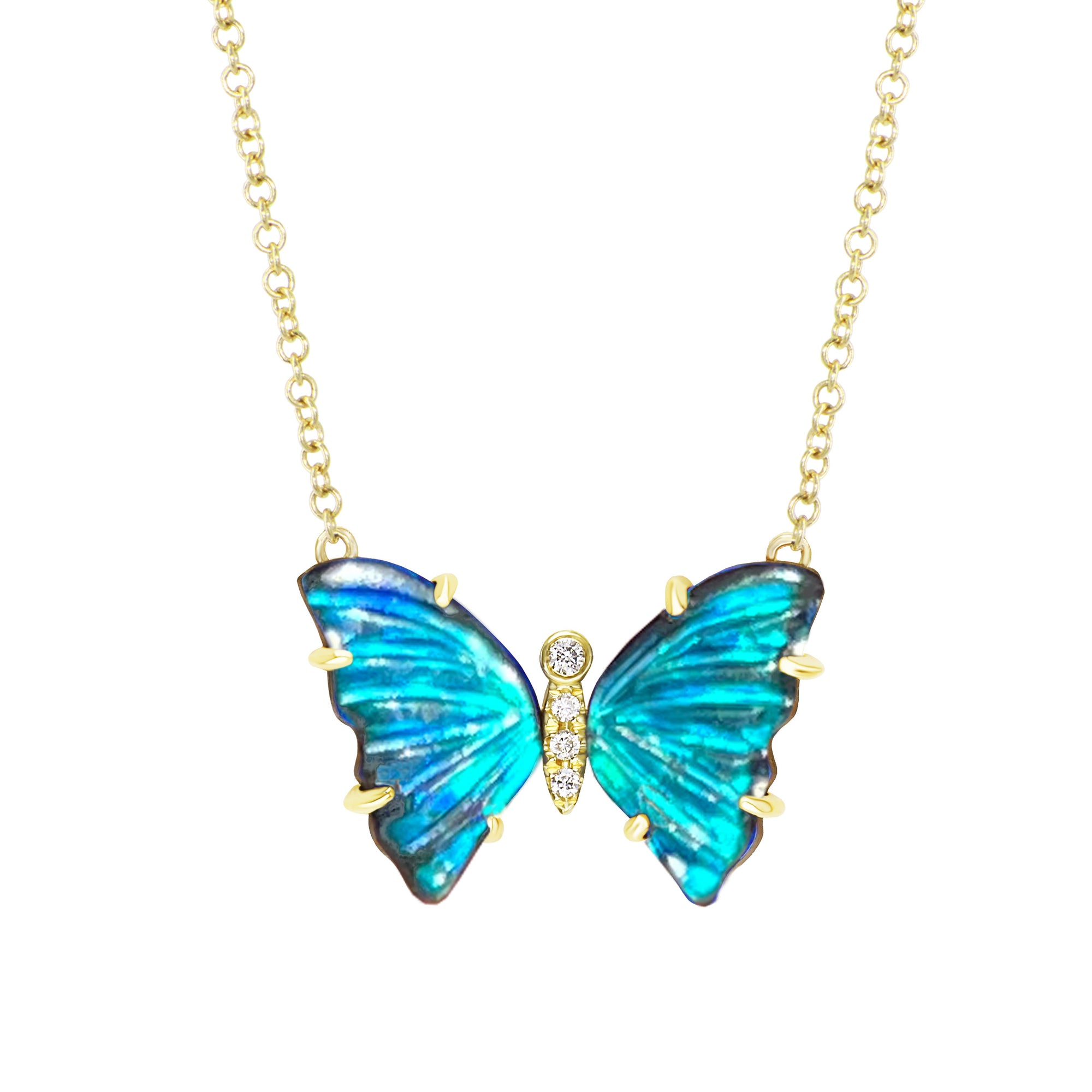 Blue Morpho Butterfly Necklace with Diamonds and Prongs - London Blue Topaz
