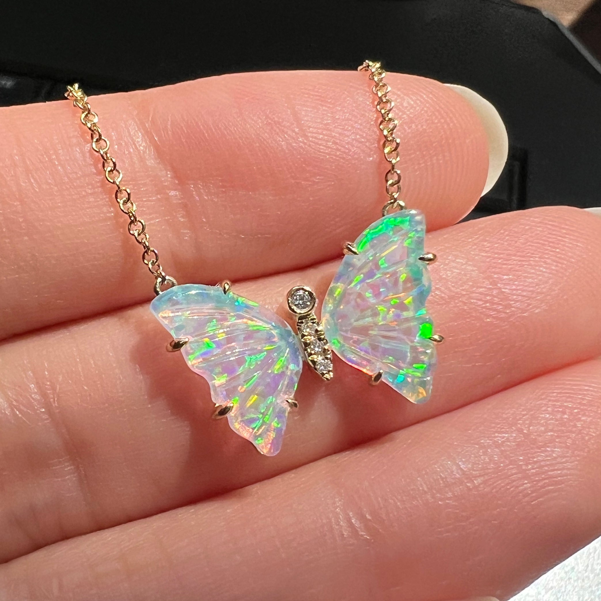 Opal Butterfly Necklace with Diamonds and Prongs - Main Image
