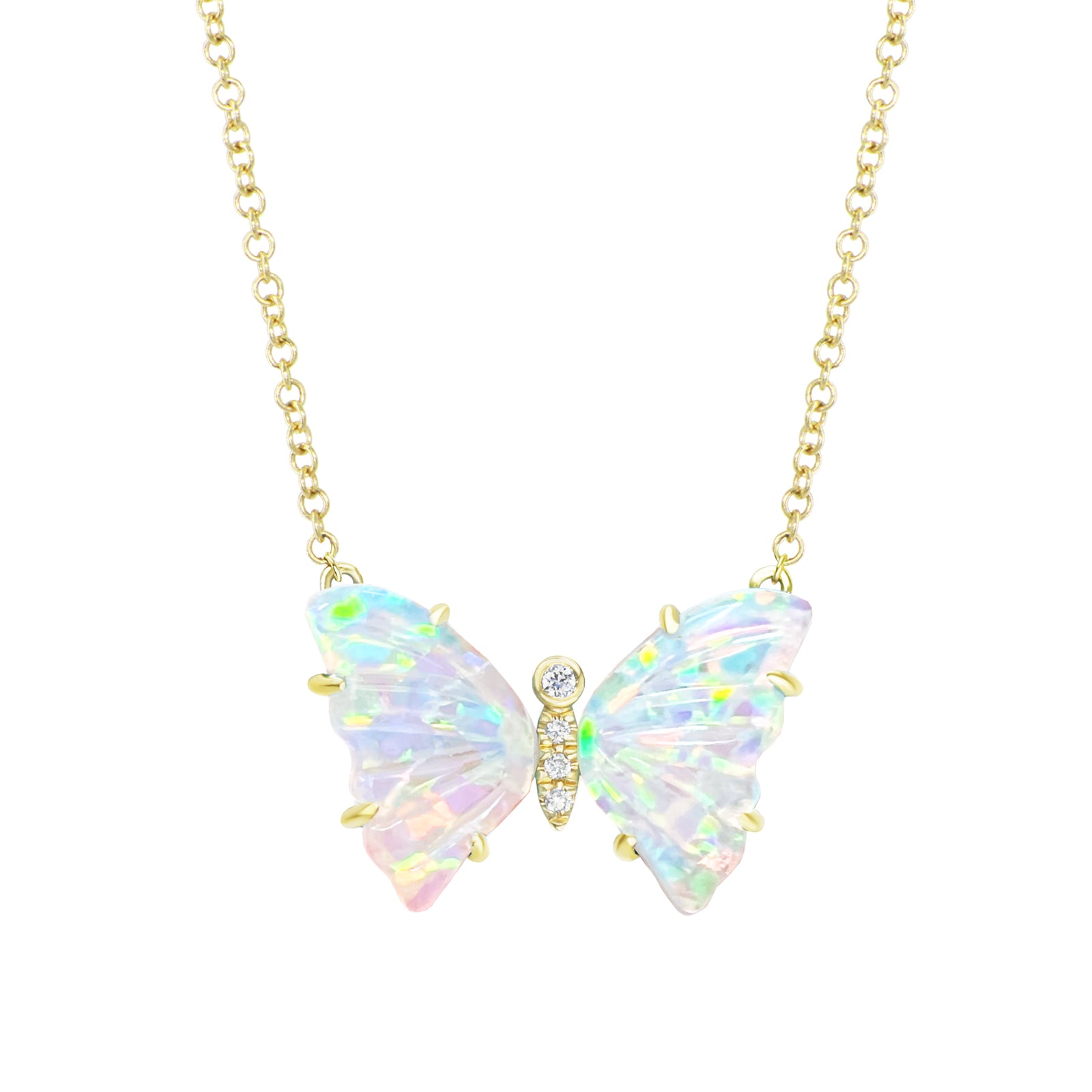 Mini pronged butterfly necklace with diamonds in lab opal