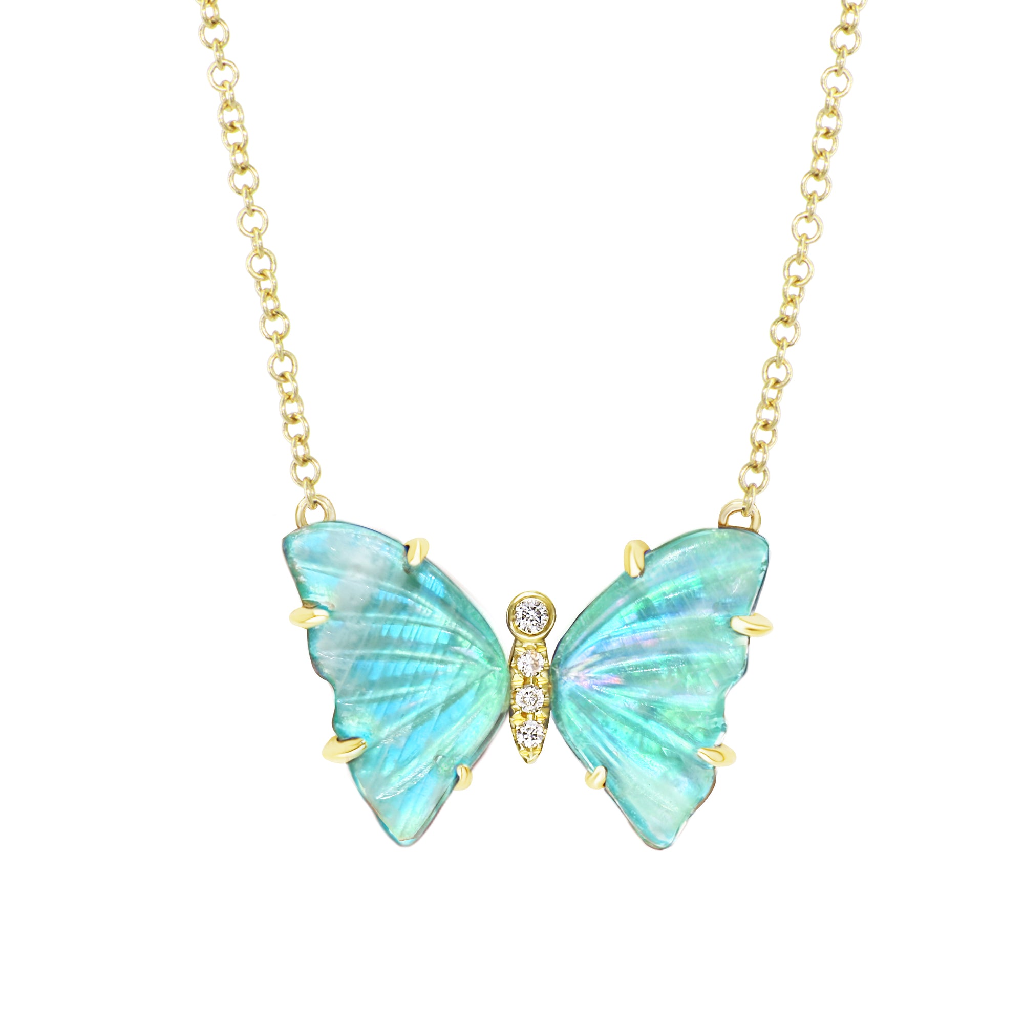 Aqua Moonstone Butterfly Necklace with Diamonds and Prongs