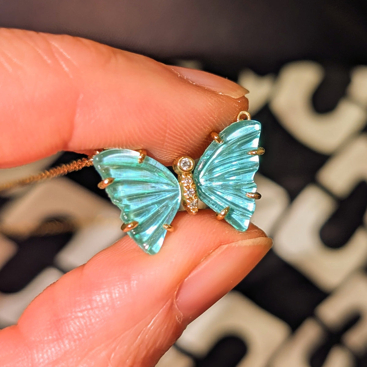 Mermaid Tail Butterfly Necklace with Diamonds and Prongs - Swiss Blue Topaz