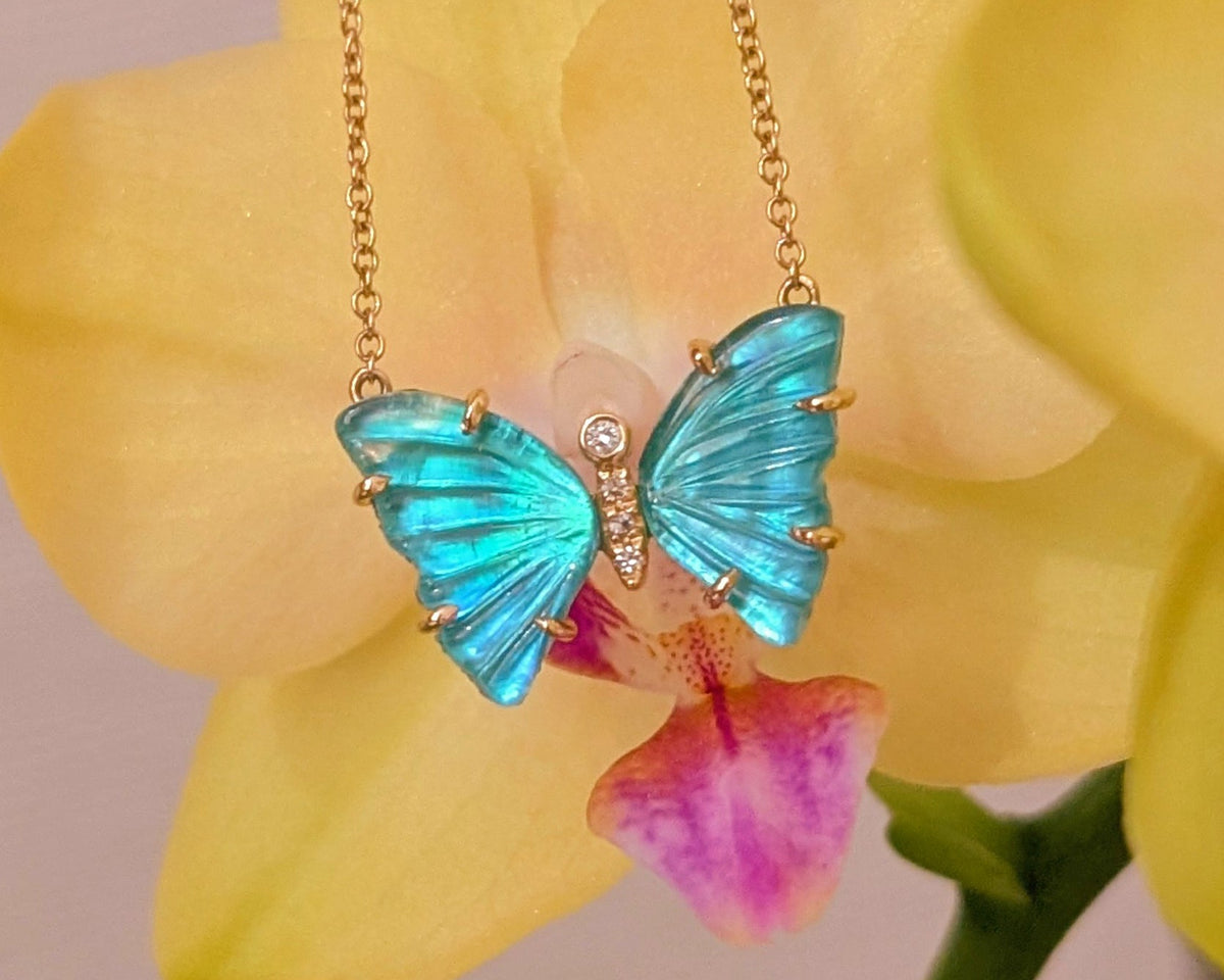 Mermaid Tail Butterfly Necklace with Diamonds and Prongs - Swiss Blue Topaz