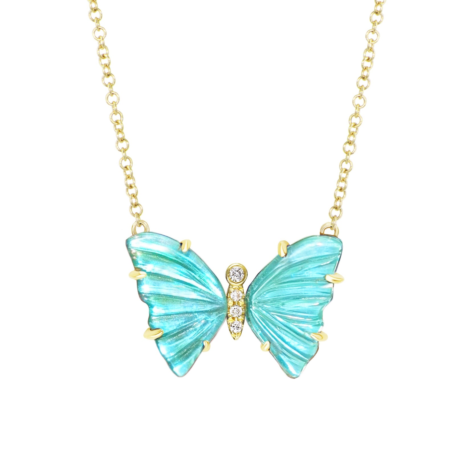 Mermaid Tail Butterfly Necklace with Diamonds and Prongs - Swiss Blue Topaz