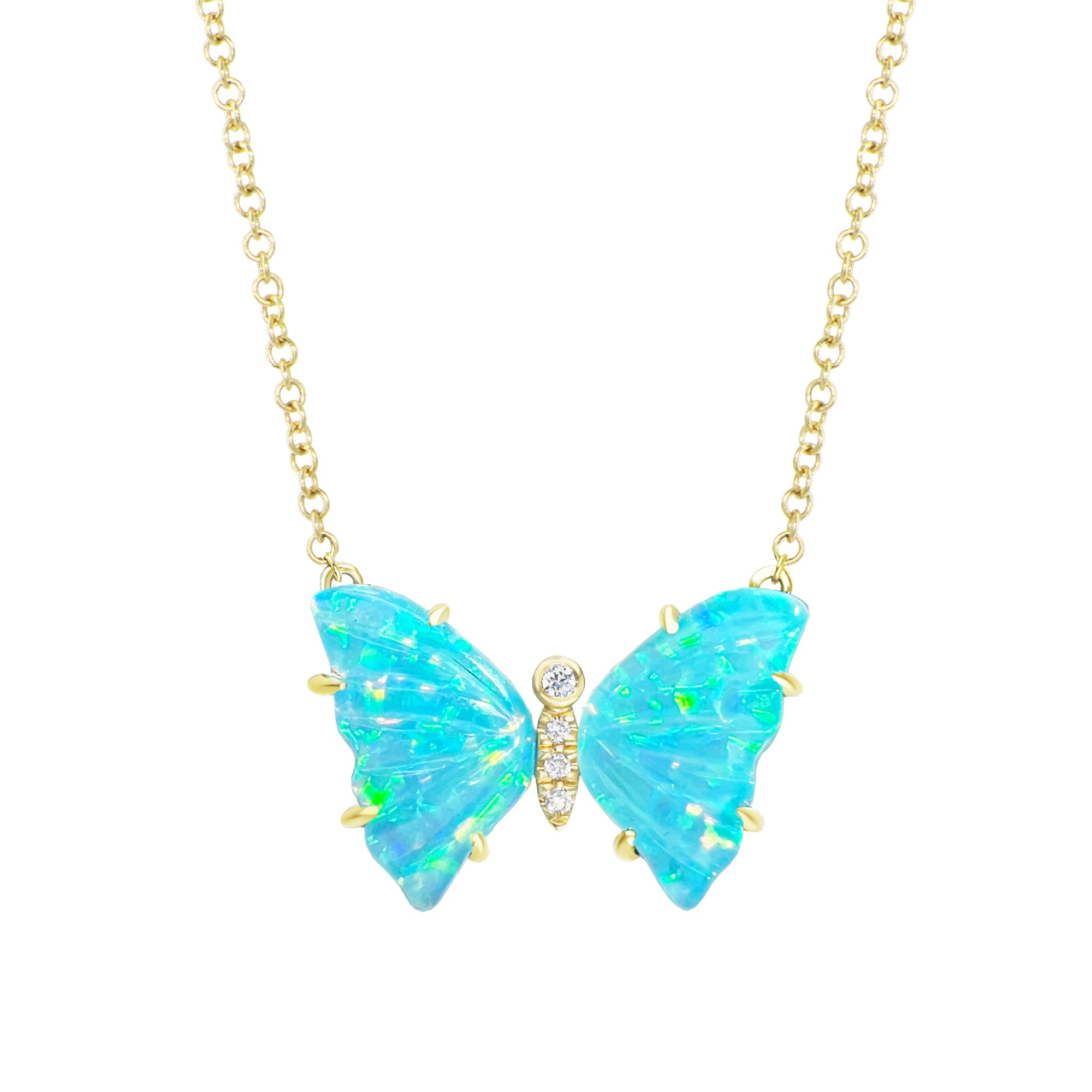 mini pronged butterfly necklace with diamonds in turquoise opal