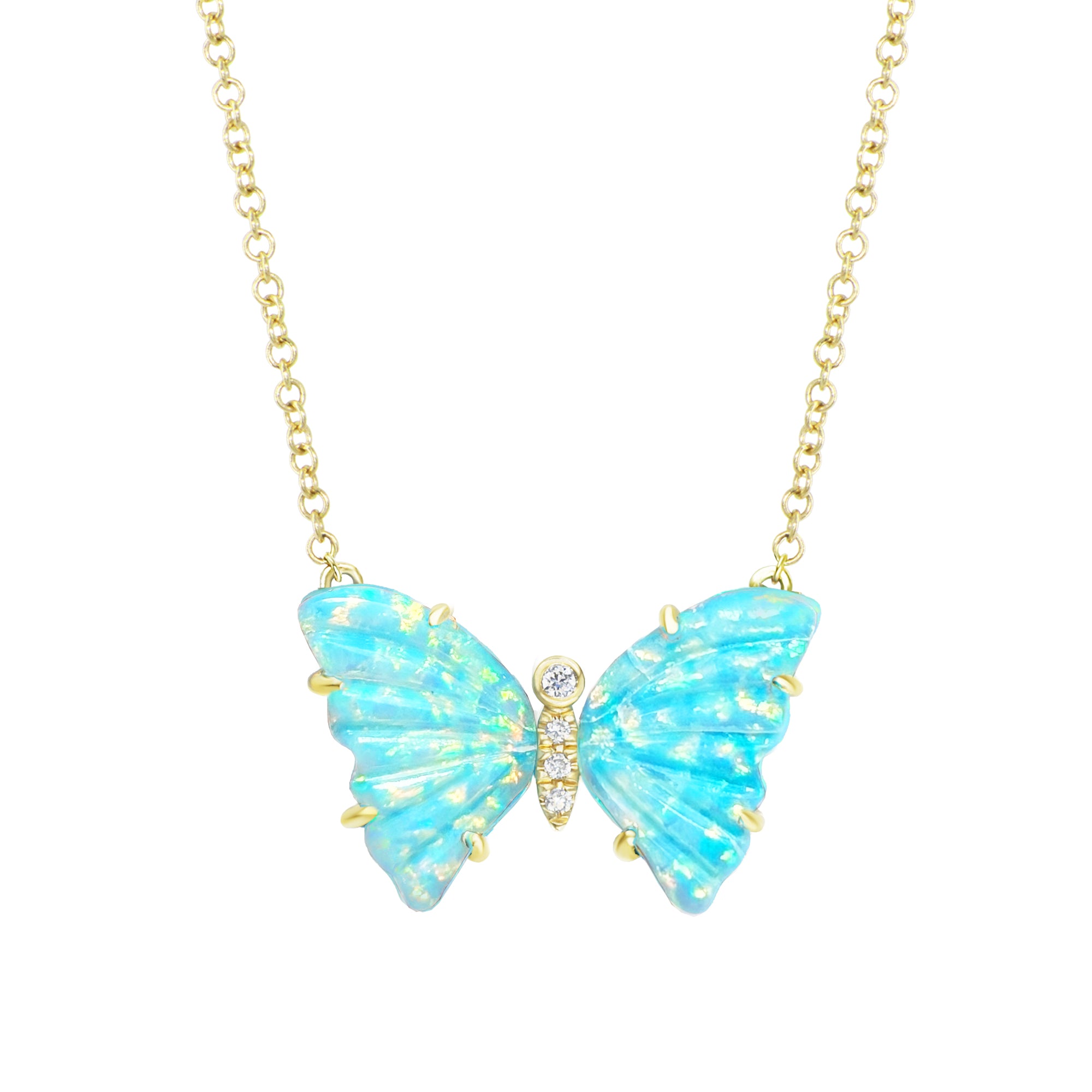 Opal and Turquoise Butterfly Necklace with Diamonds and Prongs