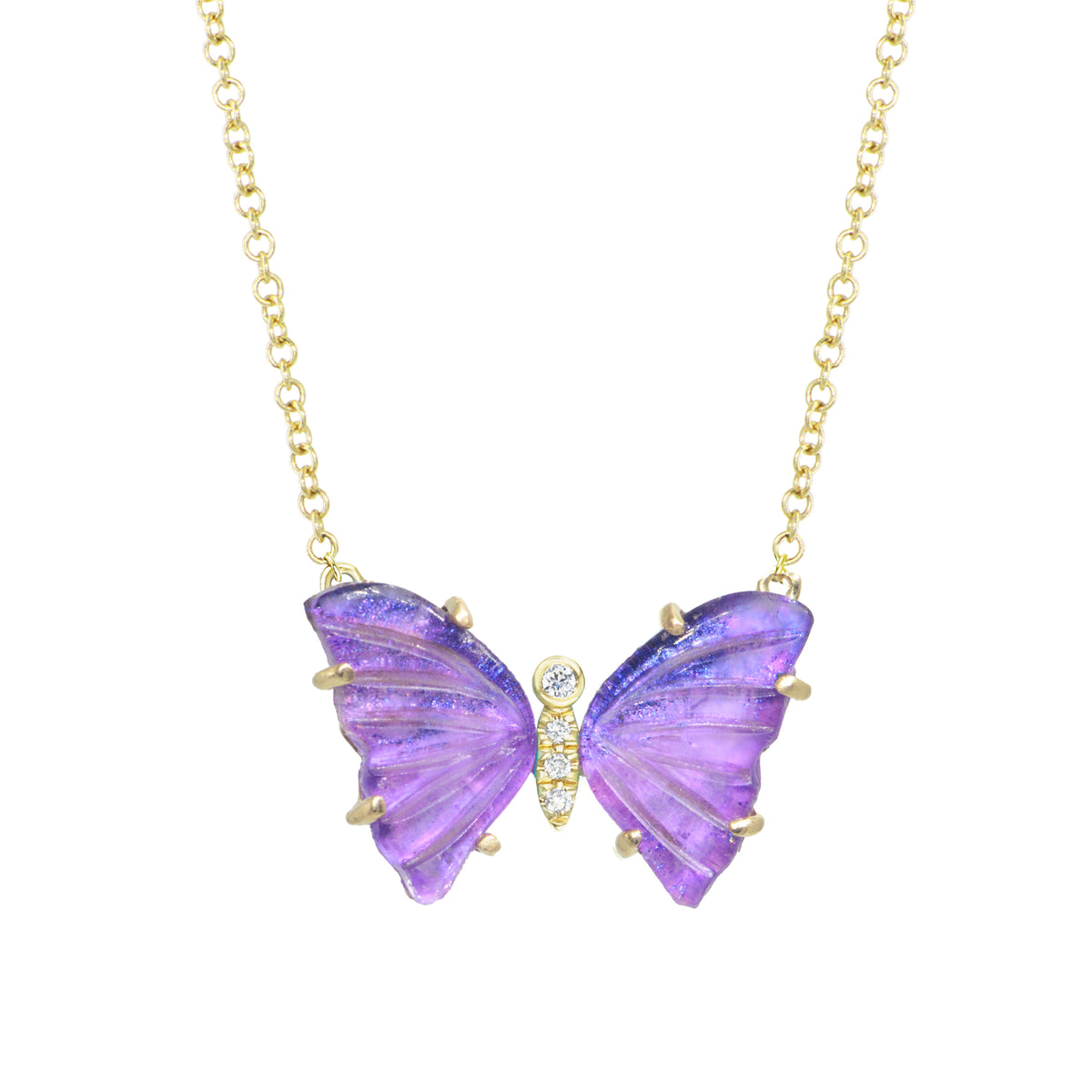 mini pronged butterfly necklace with diamonds vivid purple amethyst doublet