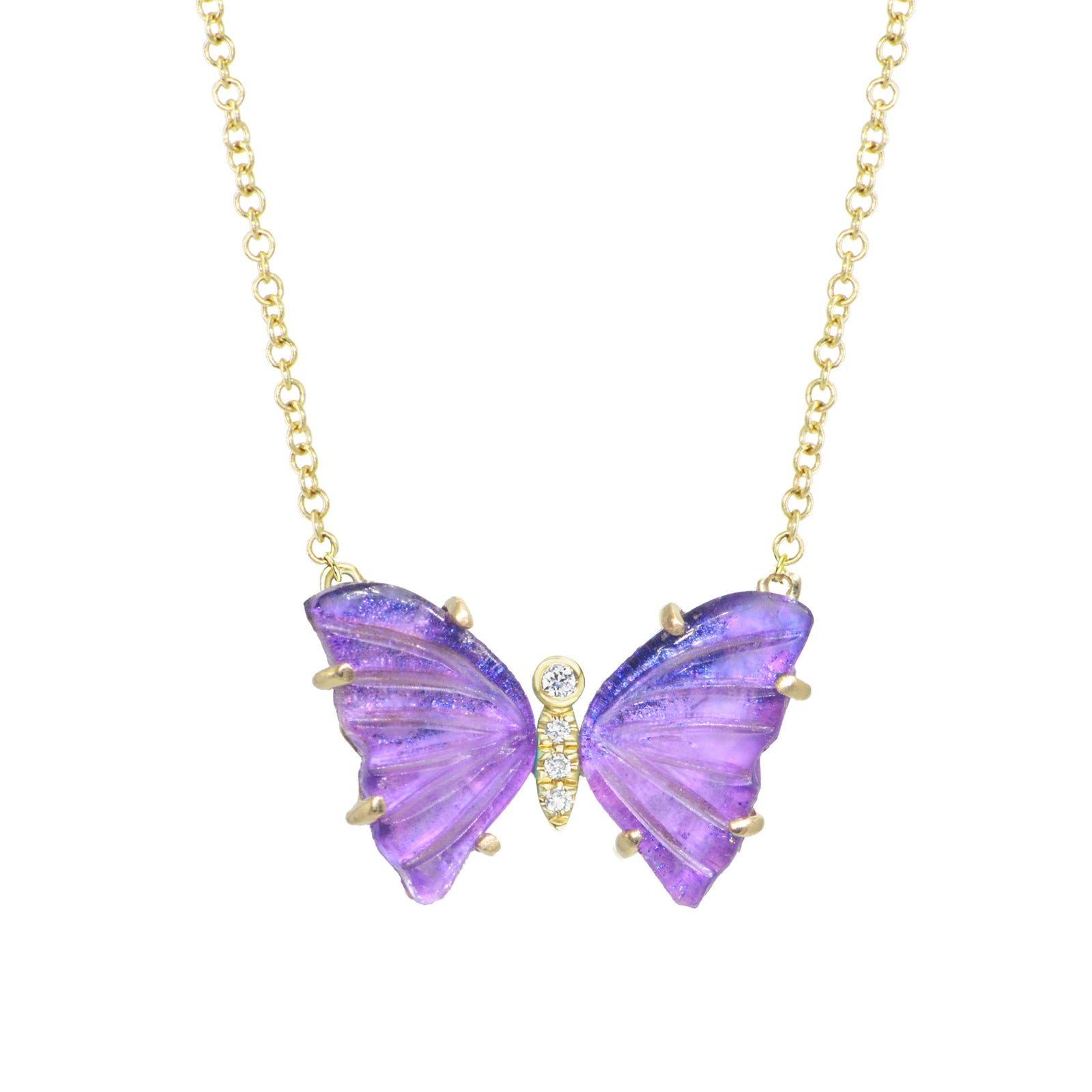 mini pronged butterfly necklace with diamonds vivid purple amethyst doublet