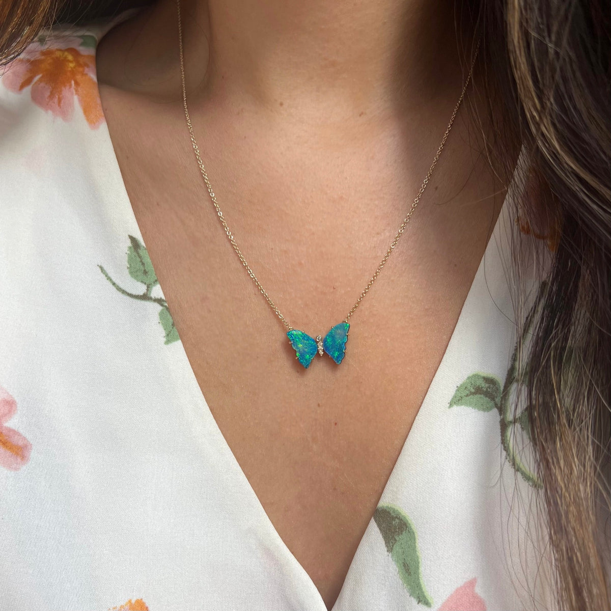 Mini pronged butterfly necklace boulder opal rainbow