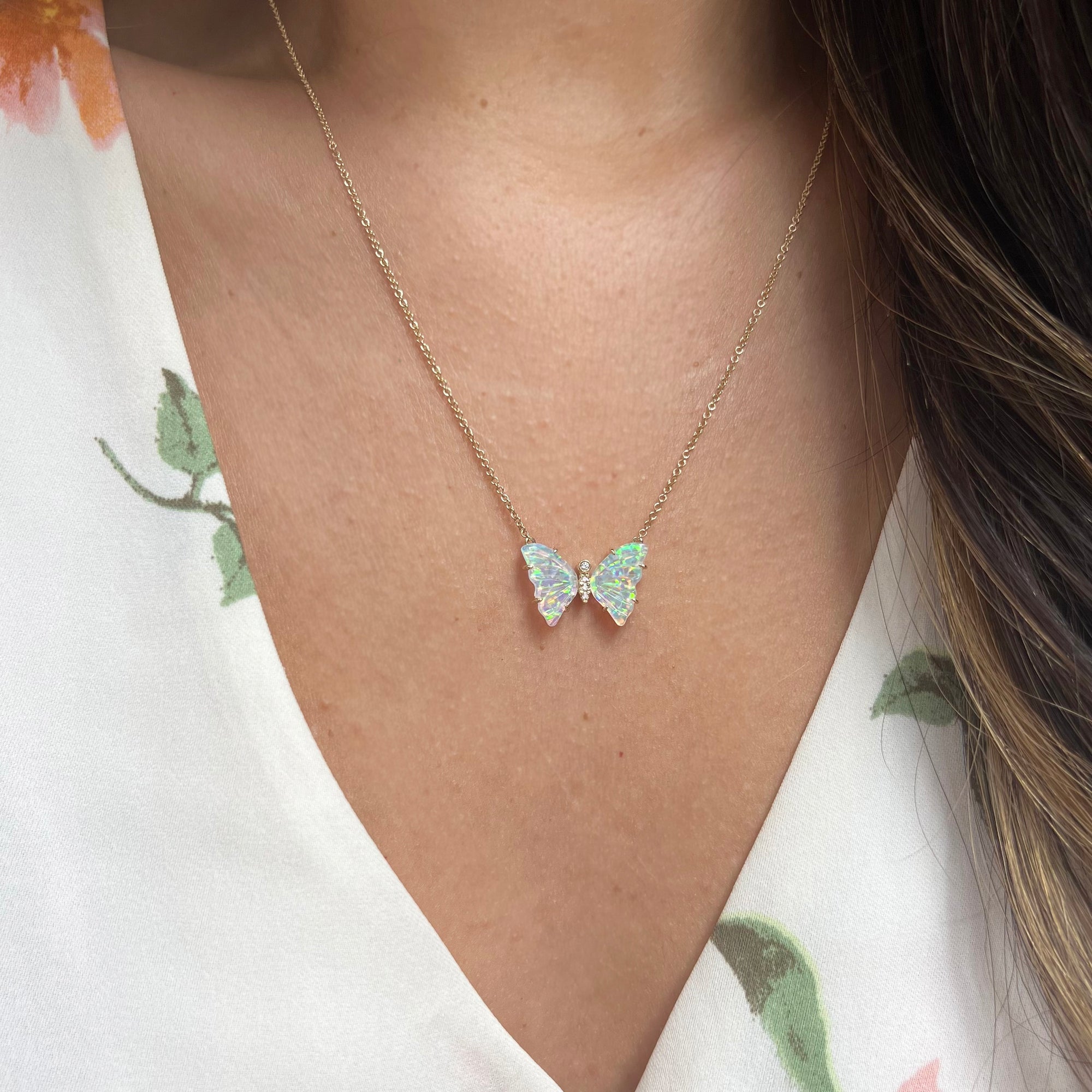 Mini pronged butterfly necklace with diamonds in lab opal