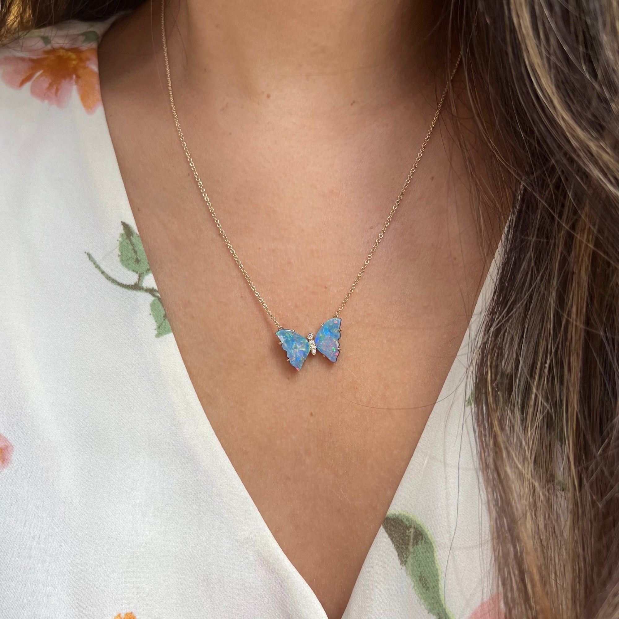Mini pronged butterfly necklace boulder opal majestic sky