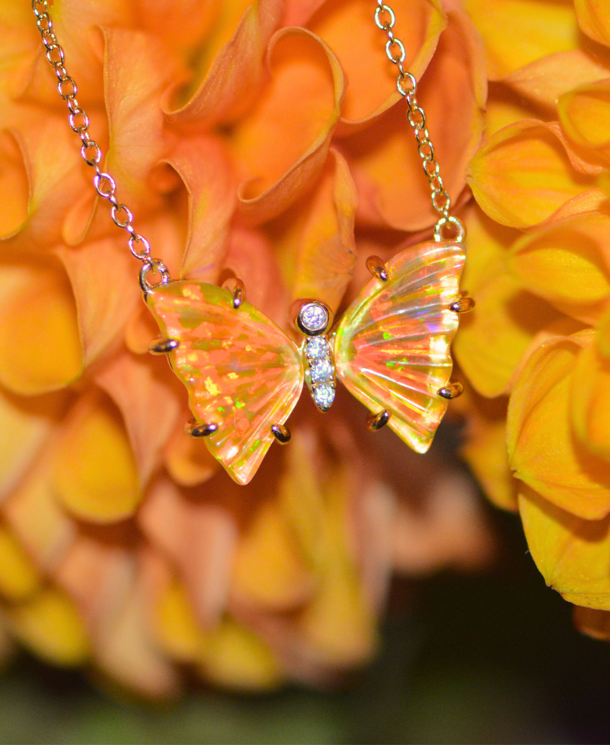 Prism Opal Butterfly Necklace With Prongs