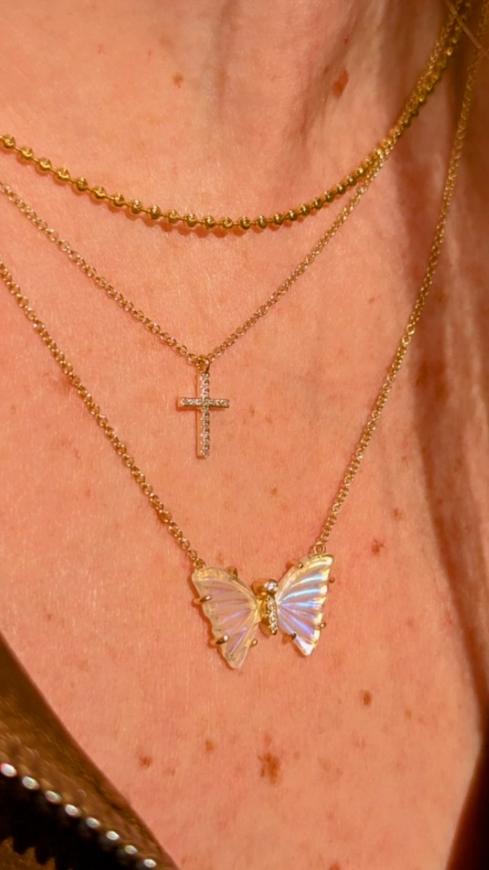 mini pronged butterfly necklace in rainbow moonstone