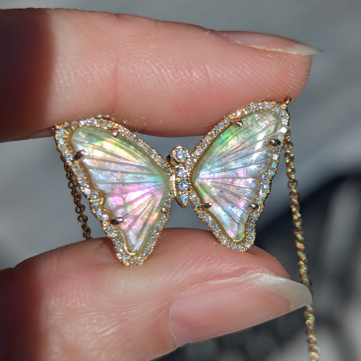 mother of pearl tourmaline butterfly necklace with diamonds