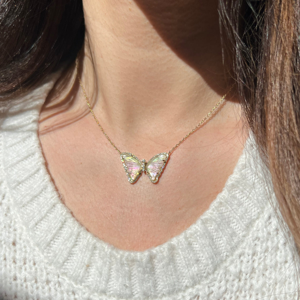 mother of pearl tourmaline butterfly necklace with diamonds