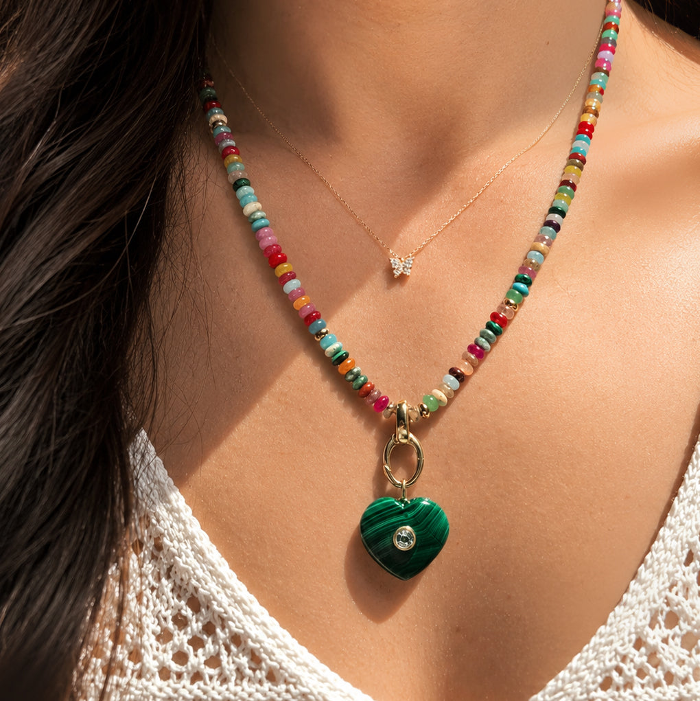 Charis Medium Gemstone Necklace Heart Malachite gemstone with charm clip