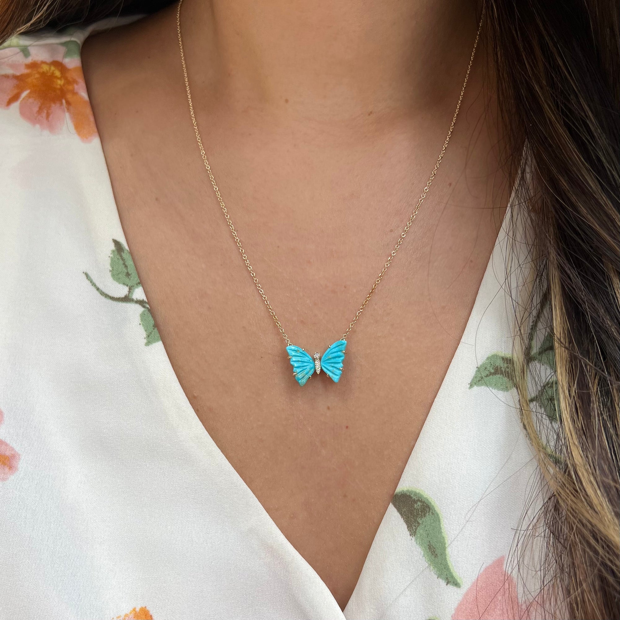 natural turquoise pronged butterfly with diamonds