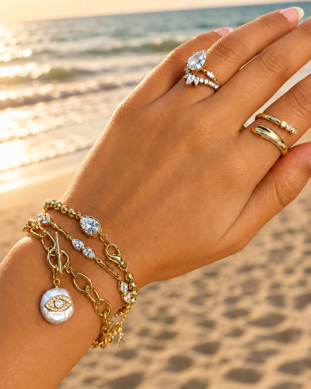 bracelet and ring stack lifestyle evil eye charm modern beaded bracelet