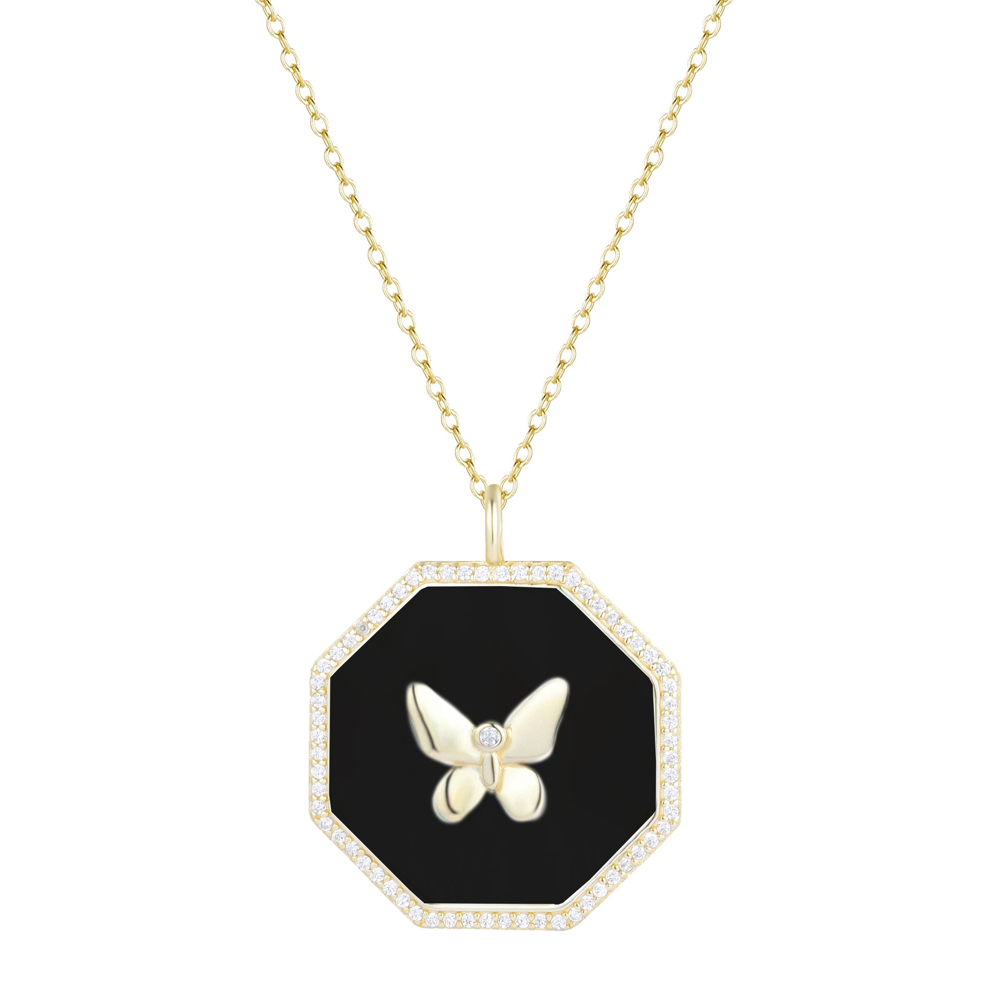octagon butterfly necklace with black enamel and crystals