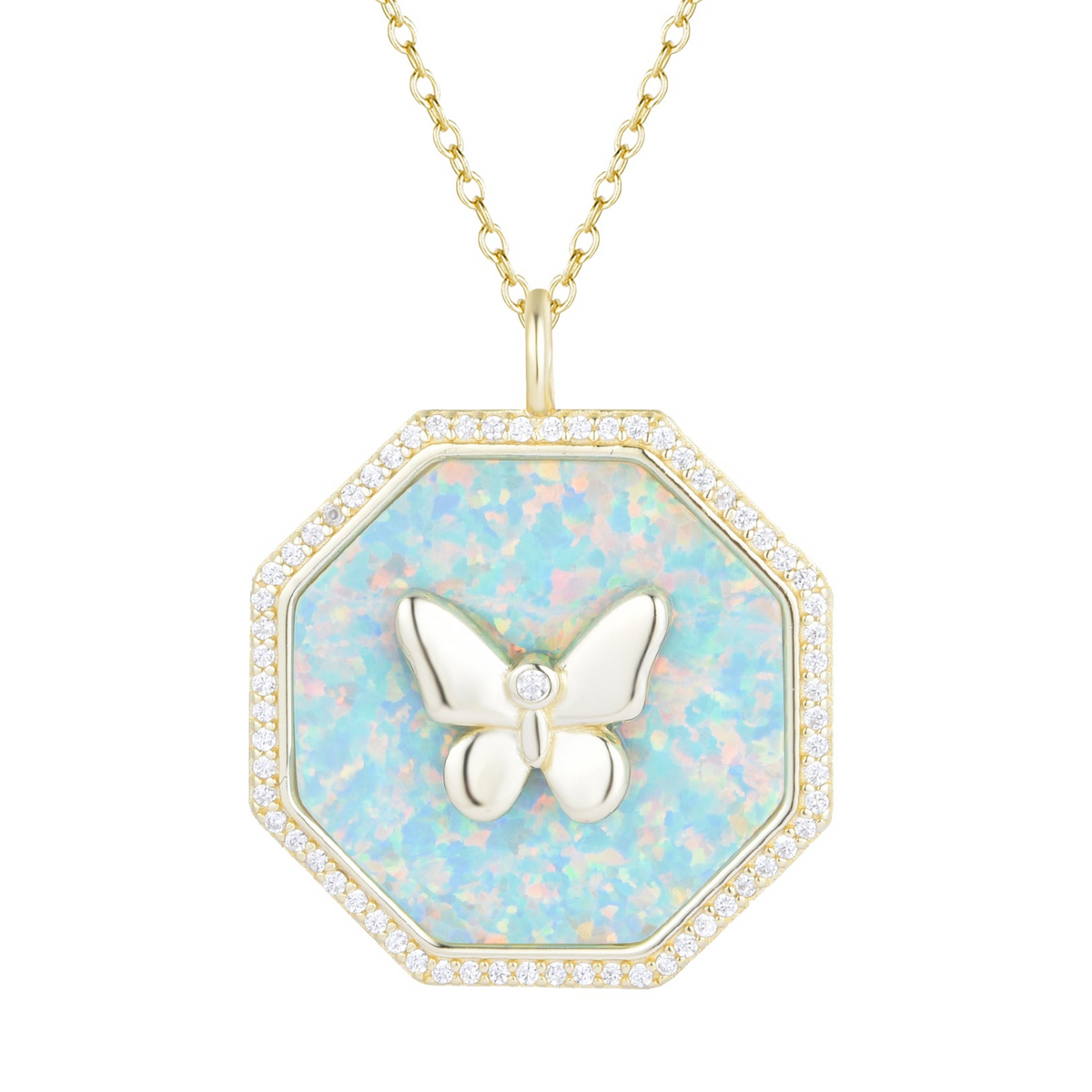 Octagon Butterfly Medallion Necklace - Opal