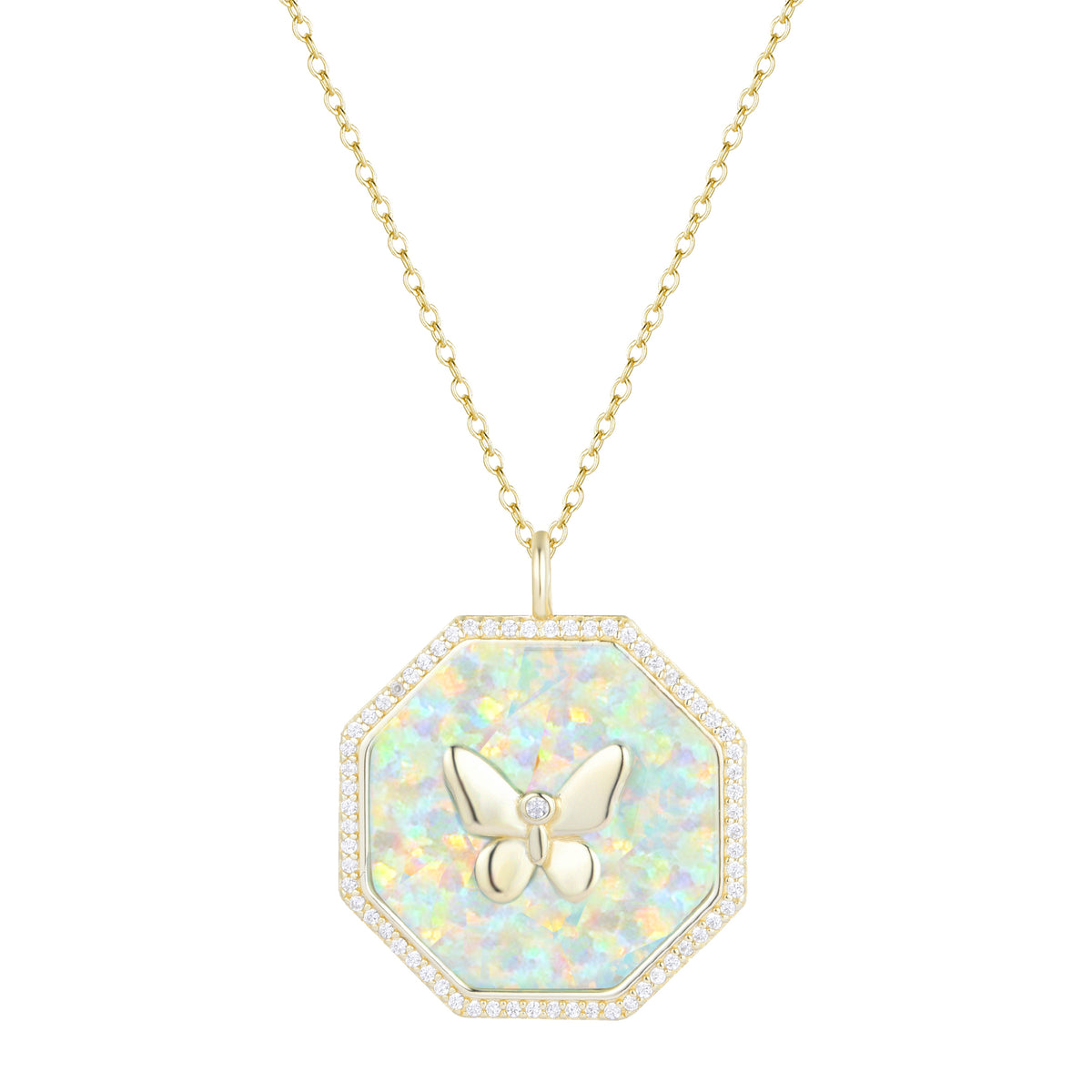 octagon butterfly necklace in white opal