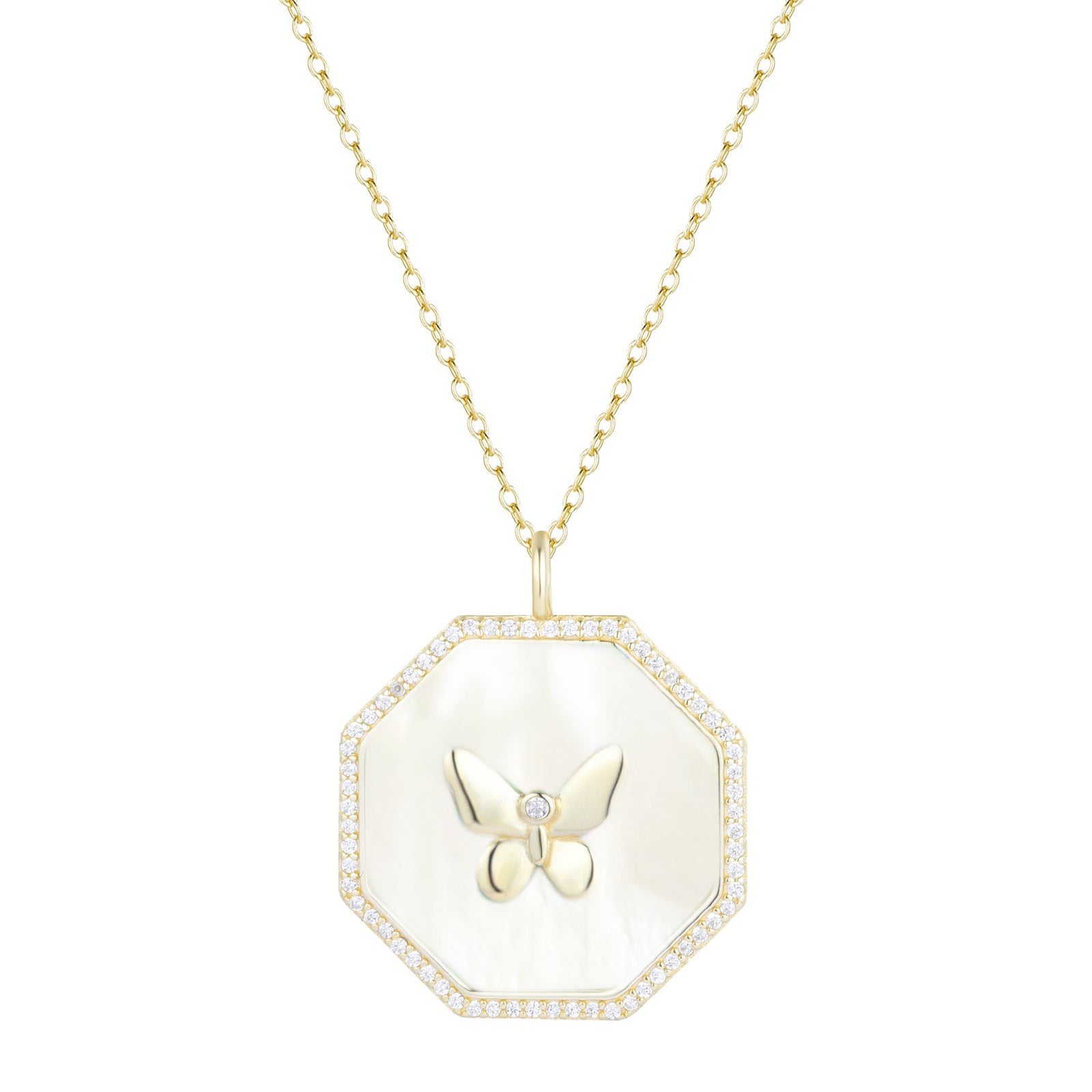 octagon butterfly necklace white pearl