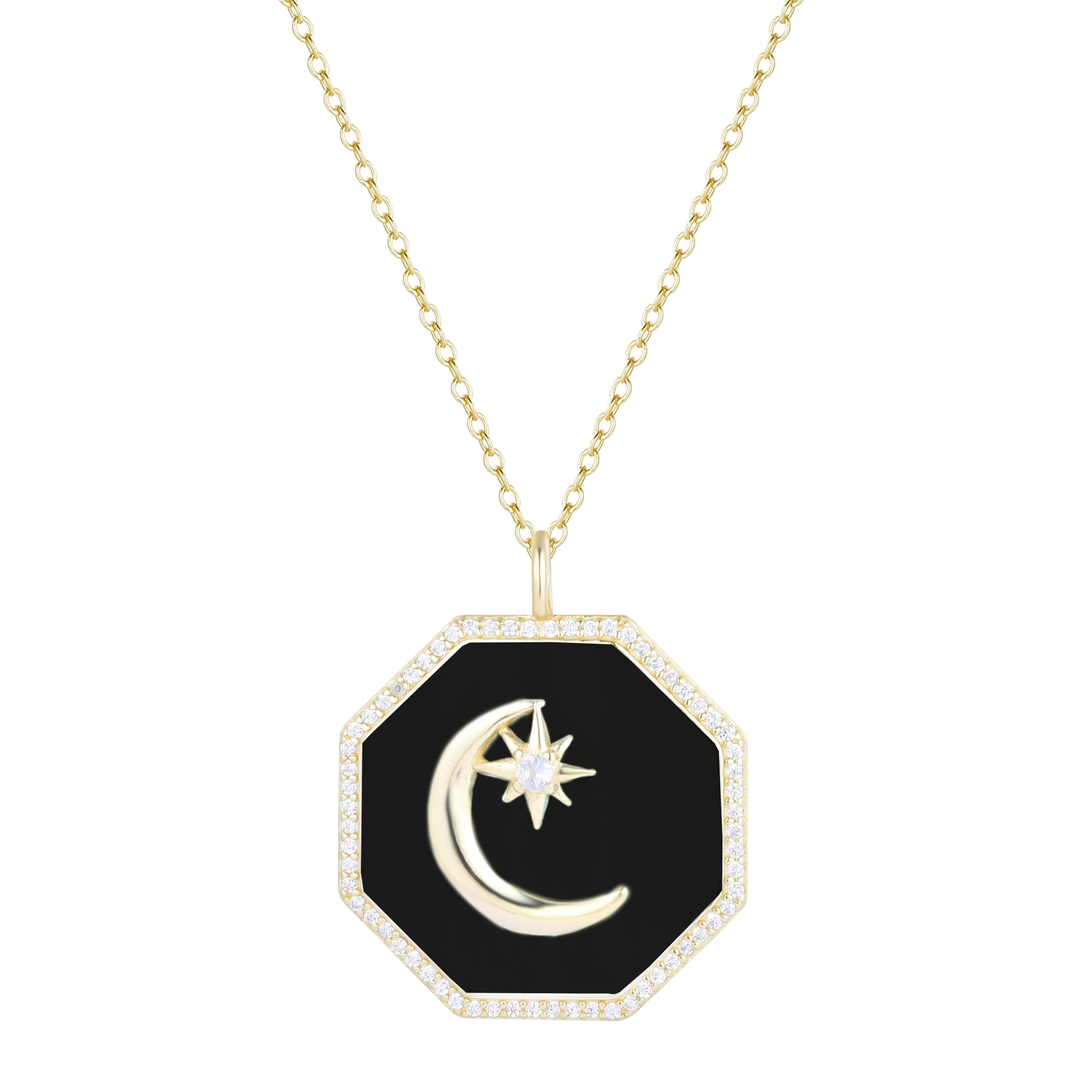 octagon moon and star necklace black enamel