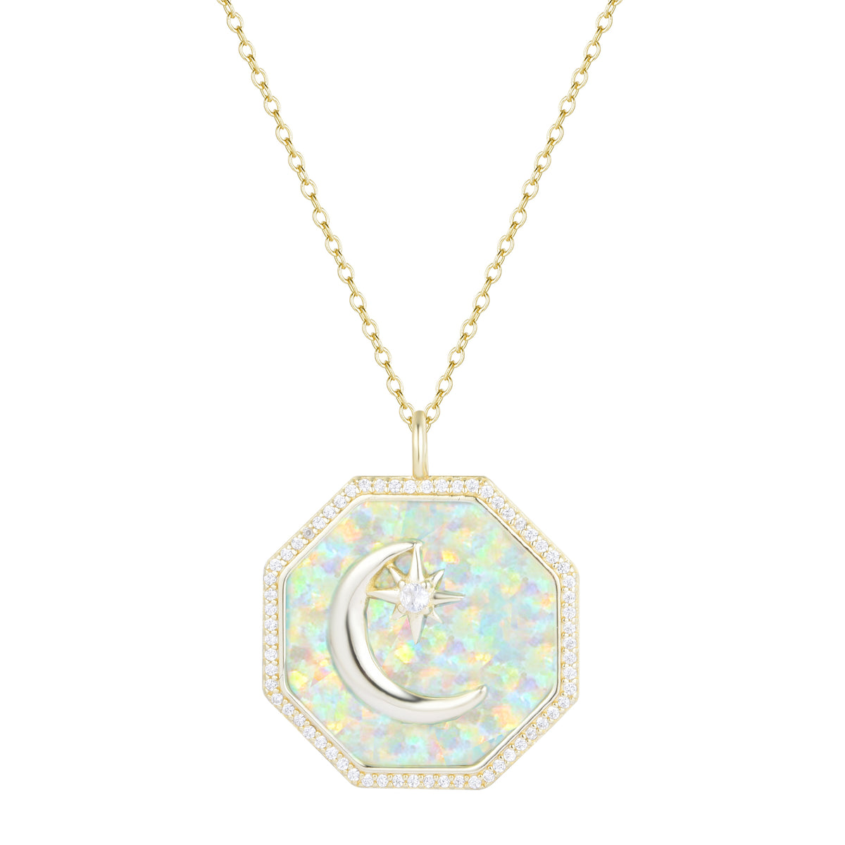 octagon moon and star necklace white opal