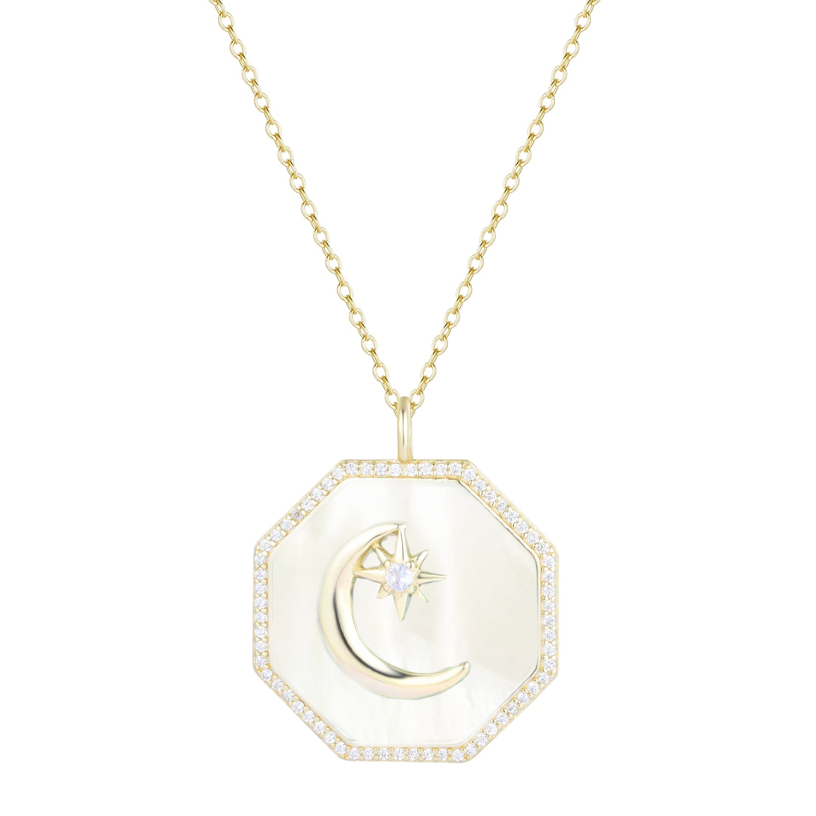 octagon moon and star necklace white mother of pearl