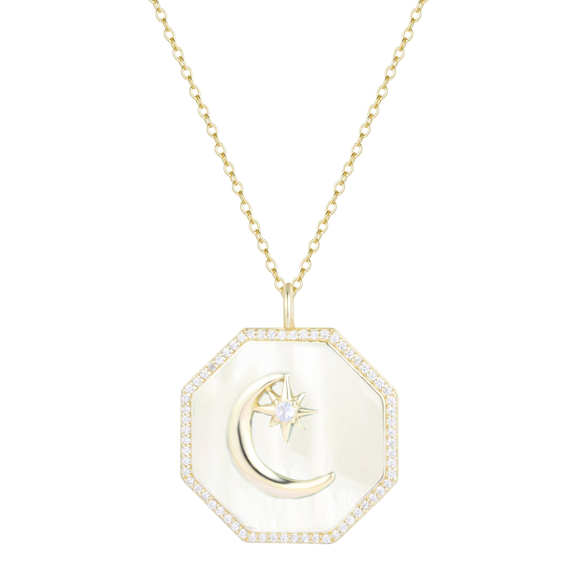 octagon moon and star necklace white mother of pearl