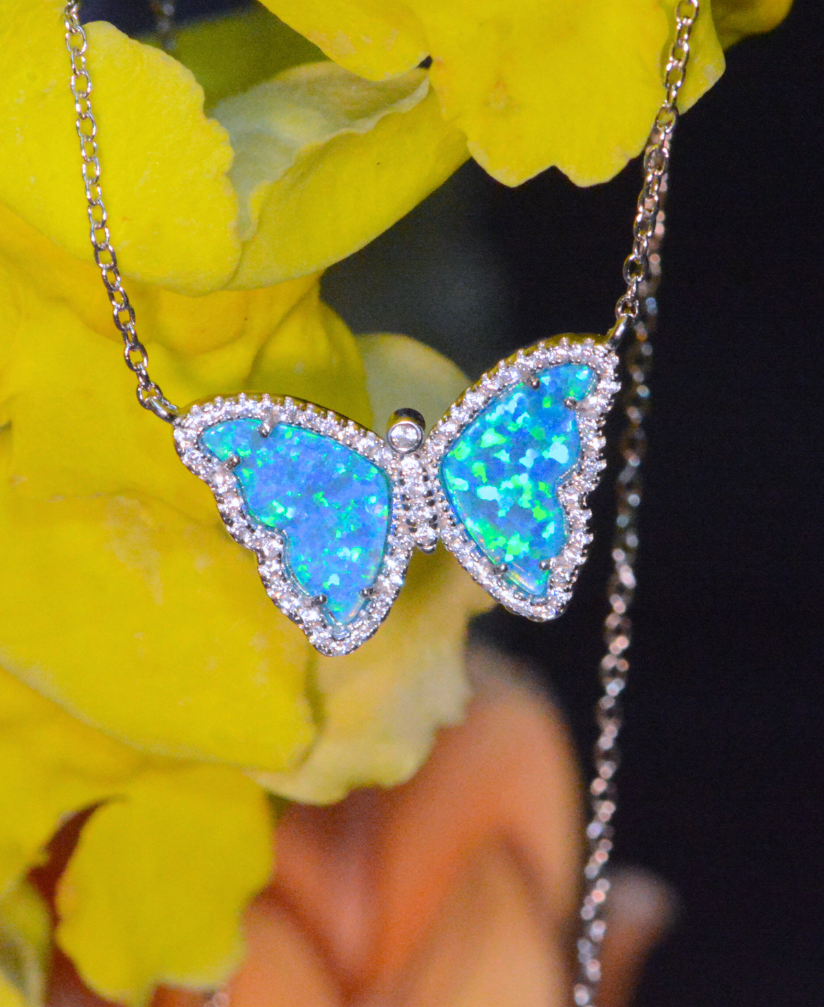 Opal Butterfly Necklace With Crystals