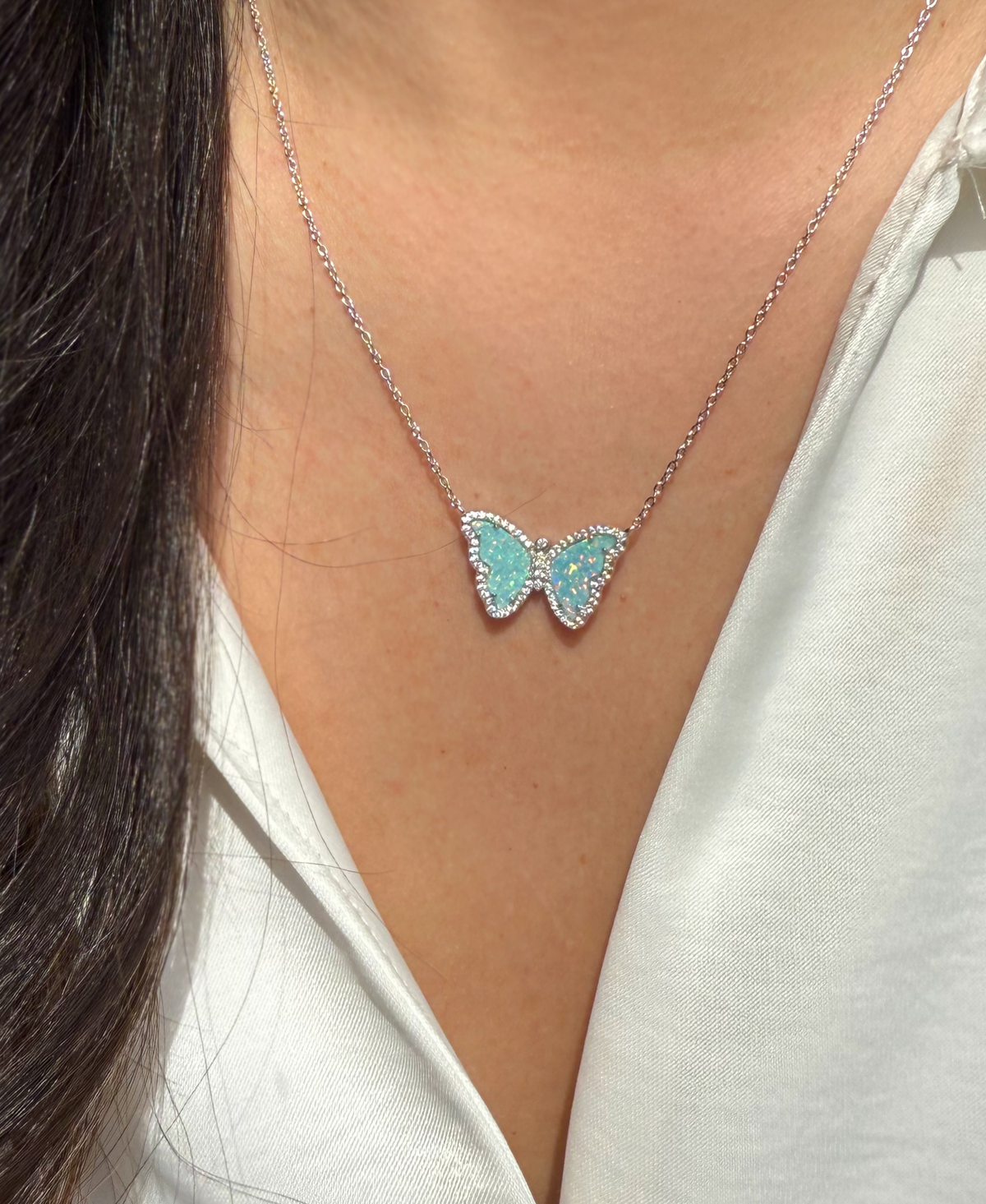 Opal Butterfly Necklace With Crystals