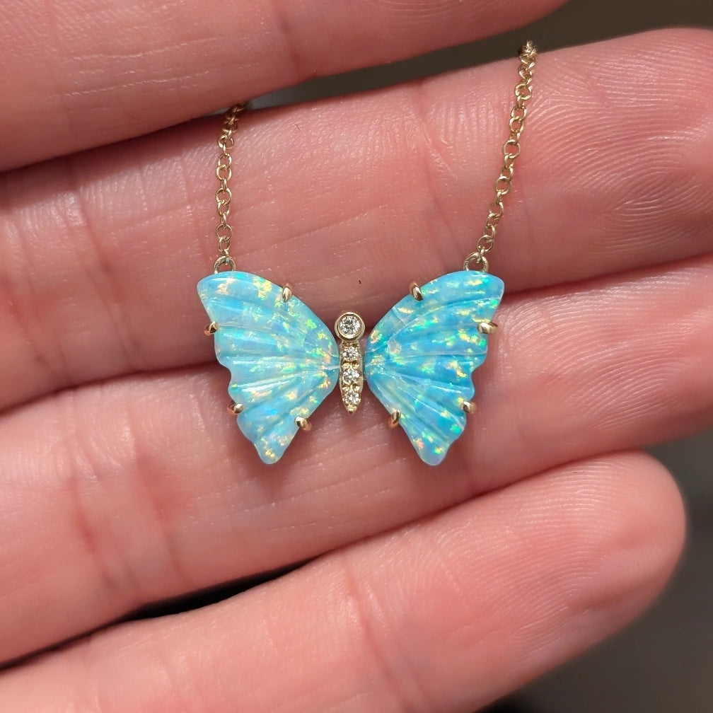 Opal and Turquoise Butterfly Necklace with Diamonds and Prongs