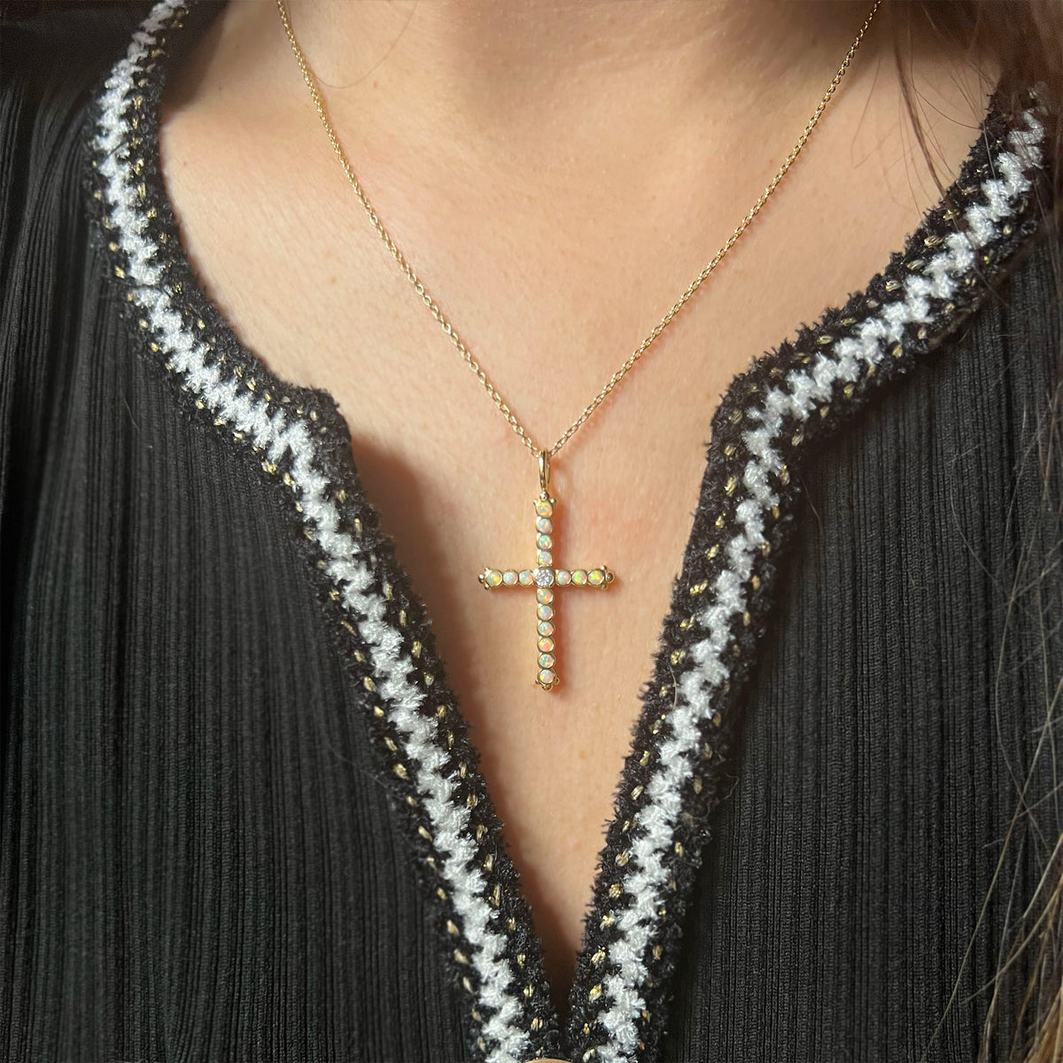 Opal Bezel Cross Necklace white opal lifestyle