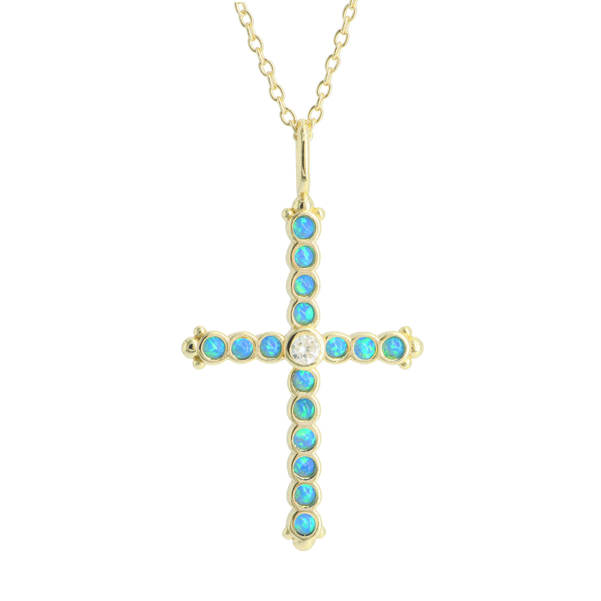 Opal Bezel Cross Necklace Blue Green Opal
