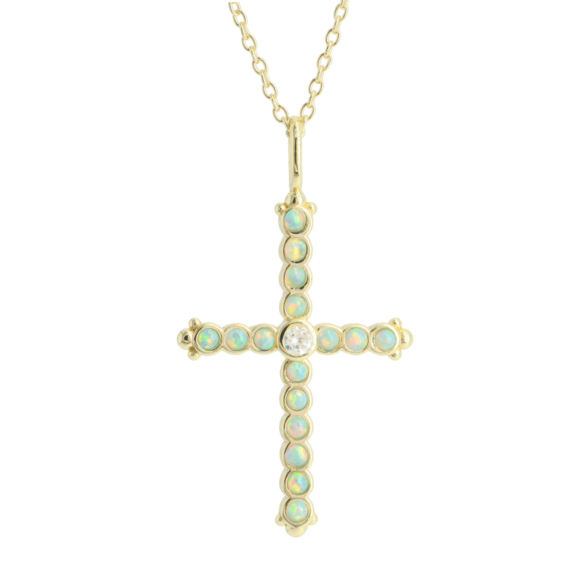 Opal Bezel Cross Necklace Light Green