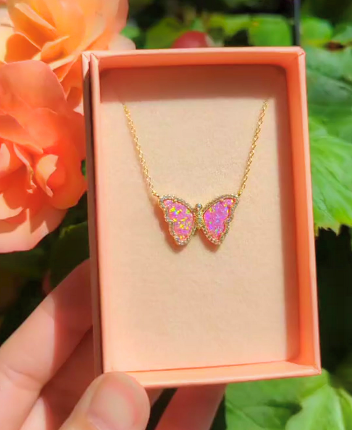 Opal Butterfly Necklace With Crystals