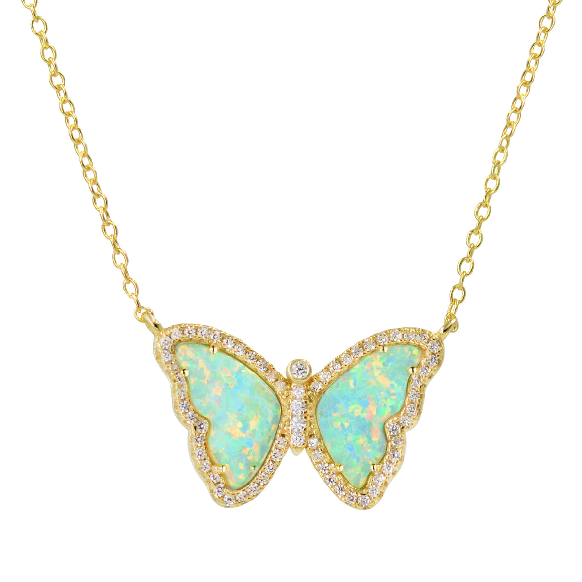 Opal butterfly necklace with crystals green opal gold