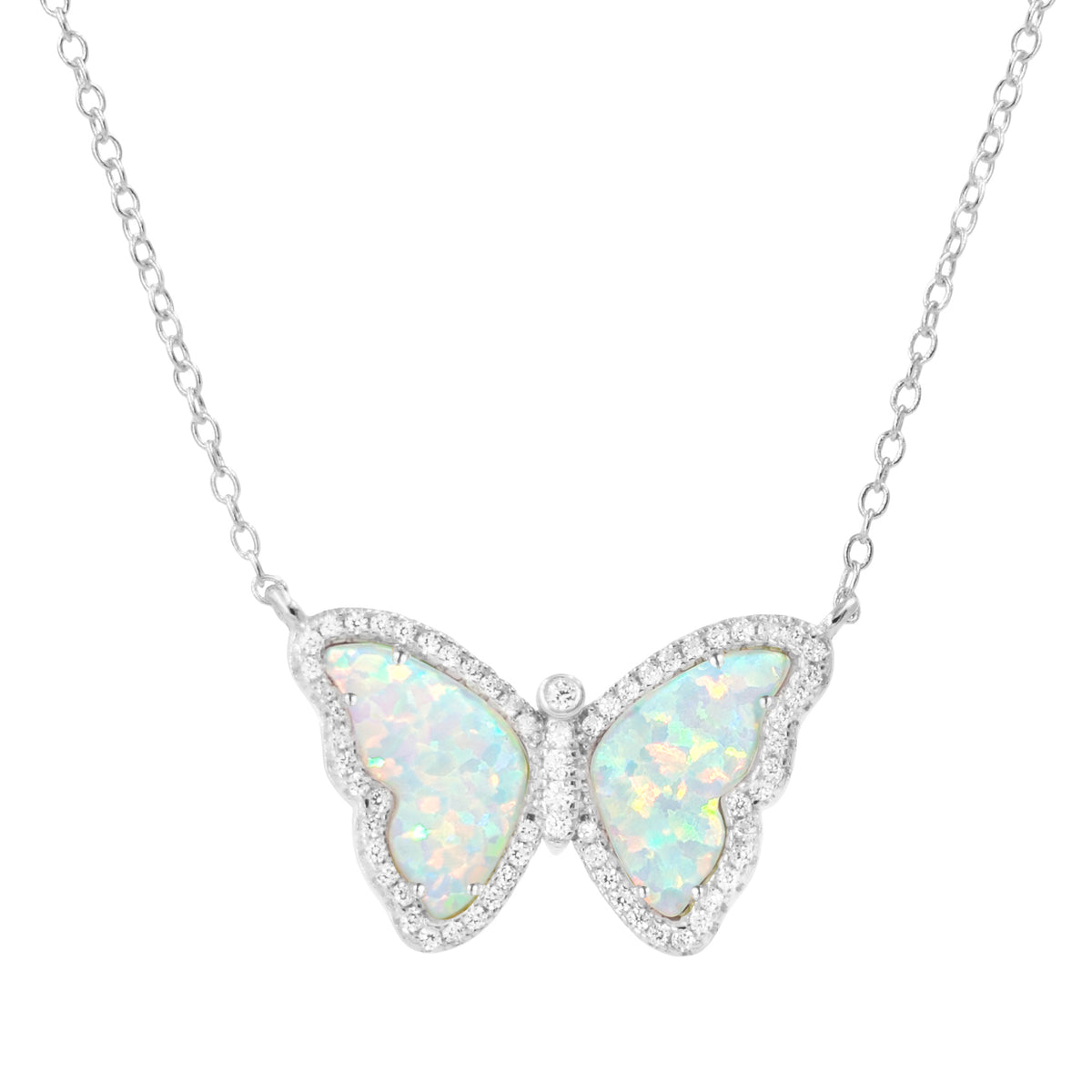 Opal Butterfly Necklace With Crystals in White Opal Silver