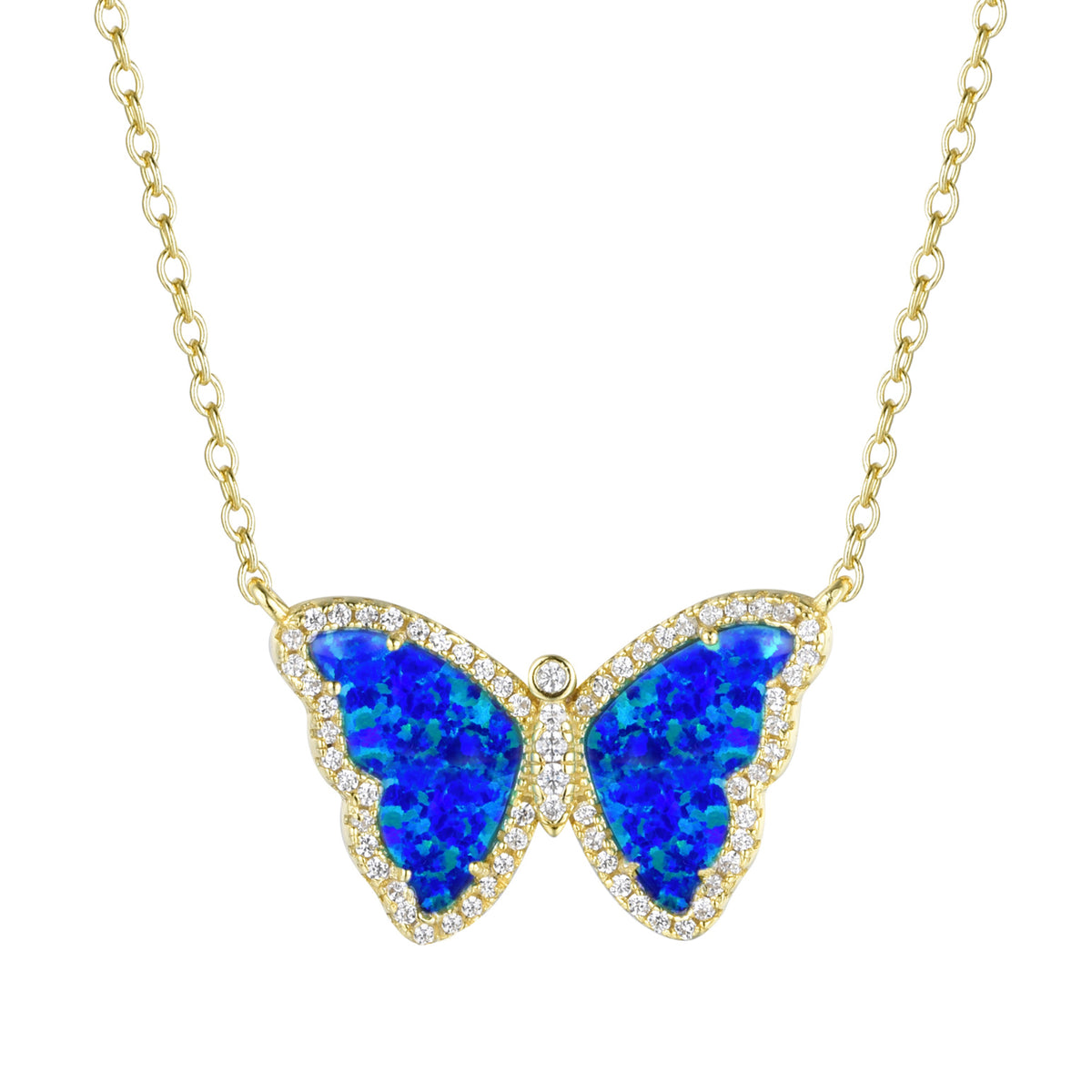 opal butterfly necklace with crystals indigo blue gold
