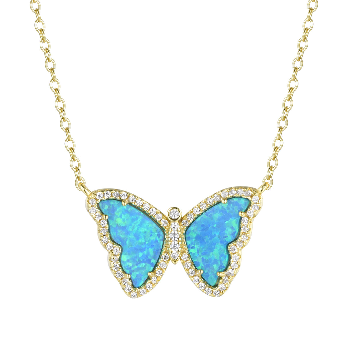 opal butterfly necklace with crystals blue green gold
