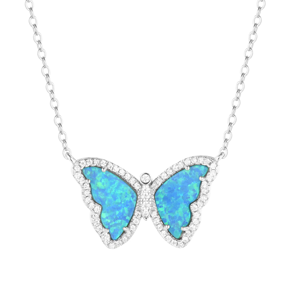 opal butterfly necklace with crystals blue green silver