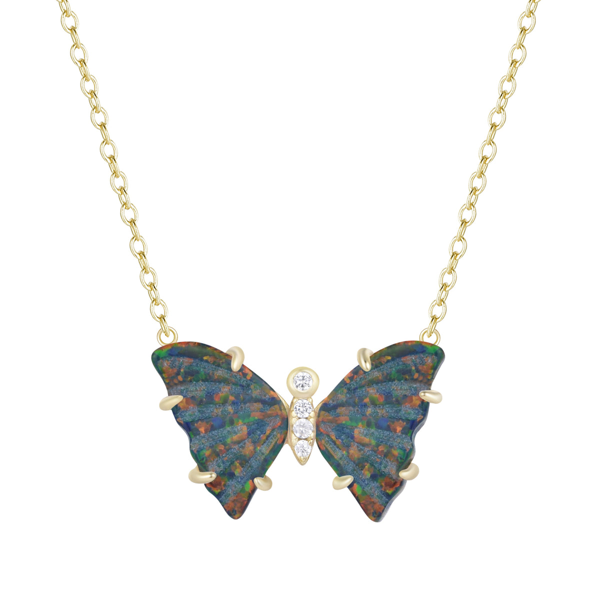 opal butterfly necklace with prongs black gold