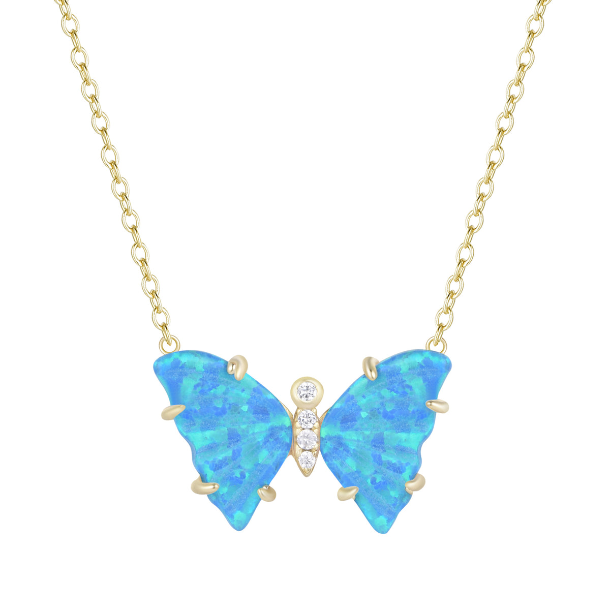 opal butterfly necklace with prongs blue green gold