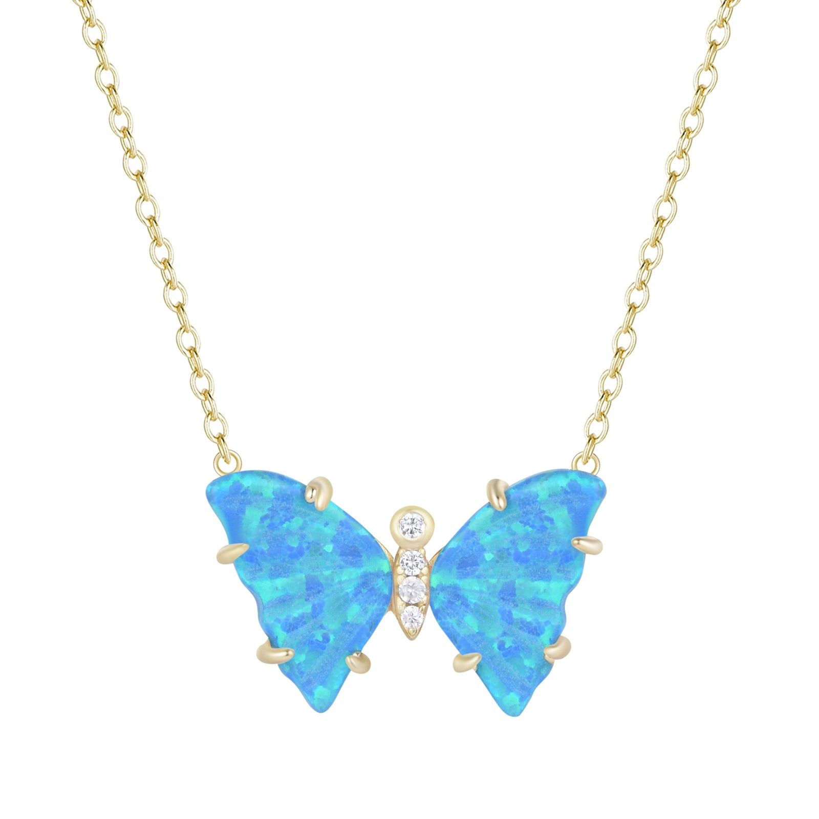 opal butterfly necklace with prongs blue green gold