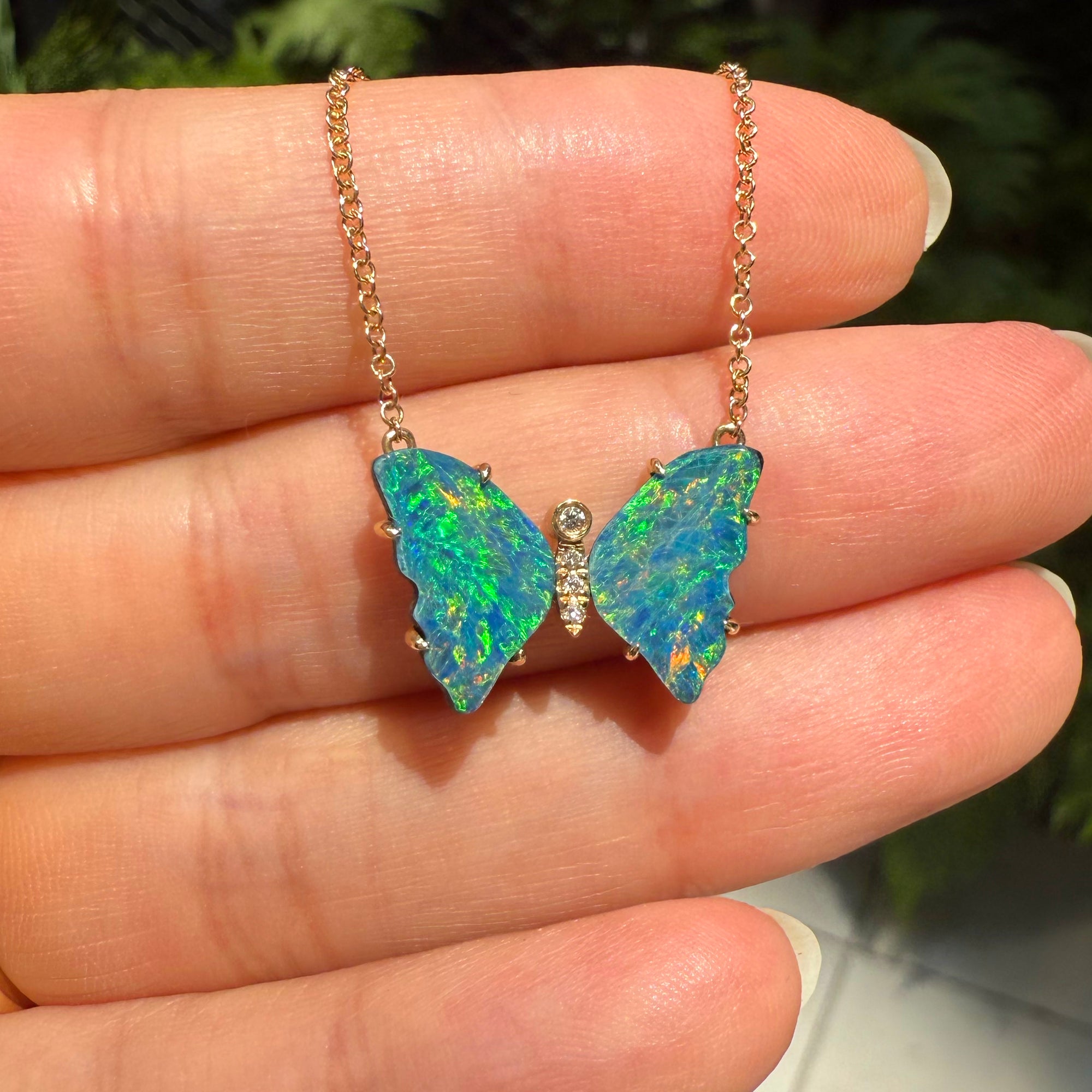 Mini pronged butterfly necklace boulder opal earth green 