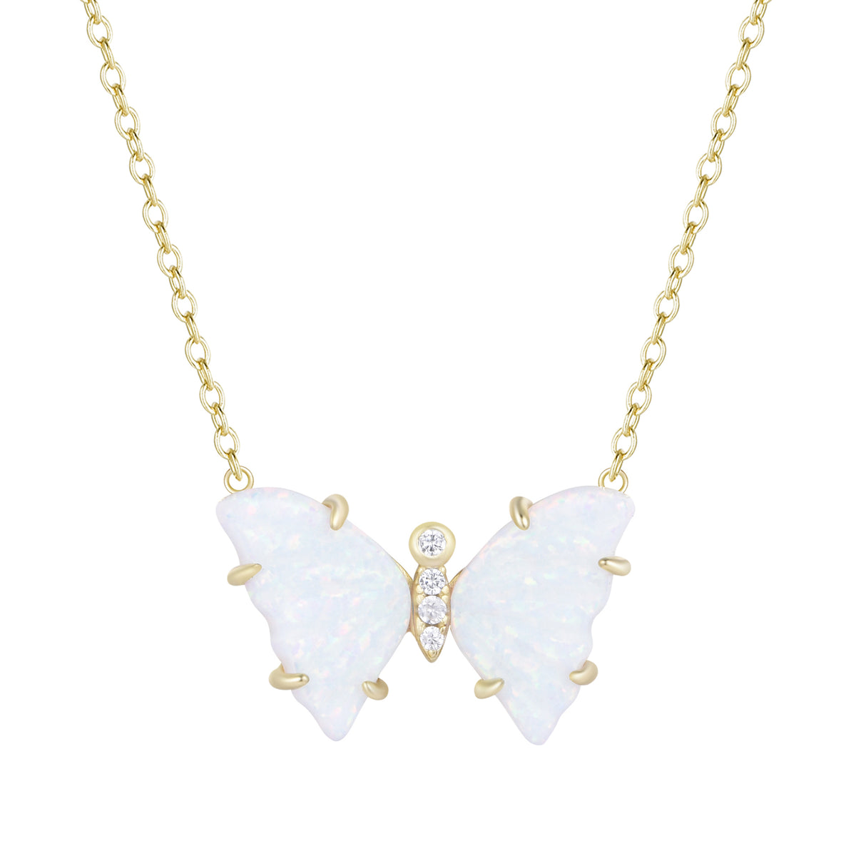 opal butterfly necklace with prongs white gold